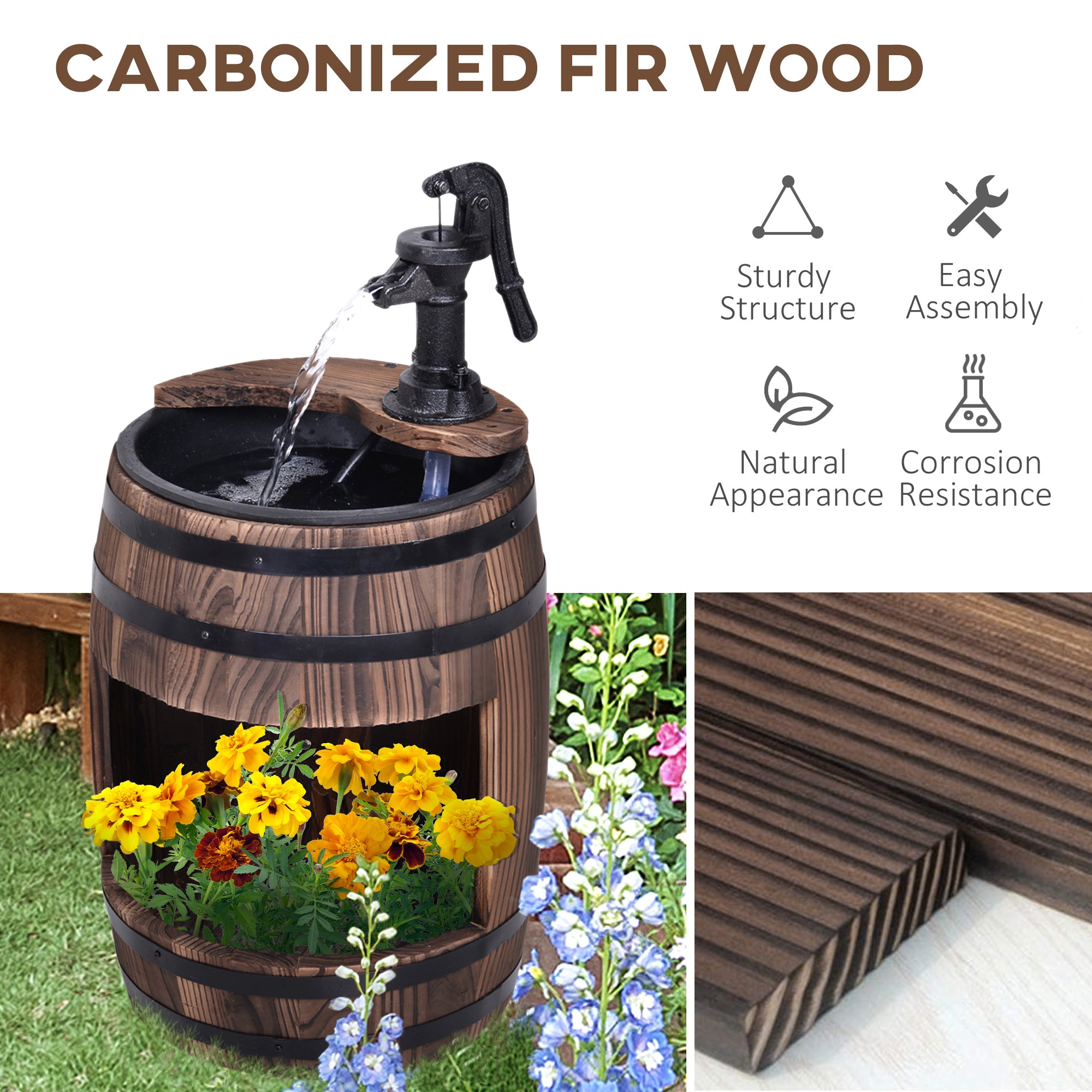 Wooden Outdoor Fountain, Electrical Barrel Waterfall with 3600r/min Speed Pump for Patio, Backyard, Carbonized Water Fountains at Gallery Canada