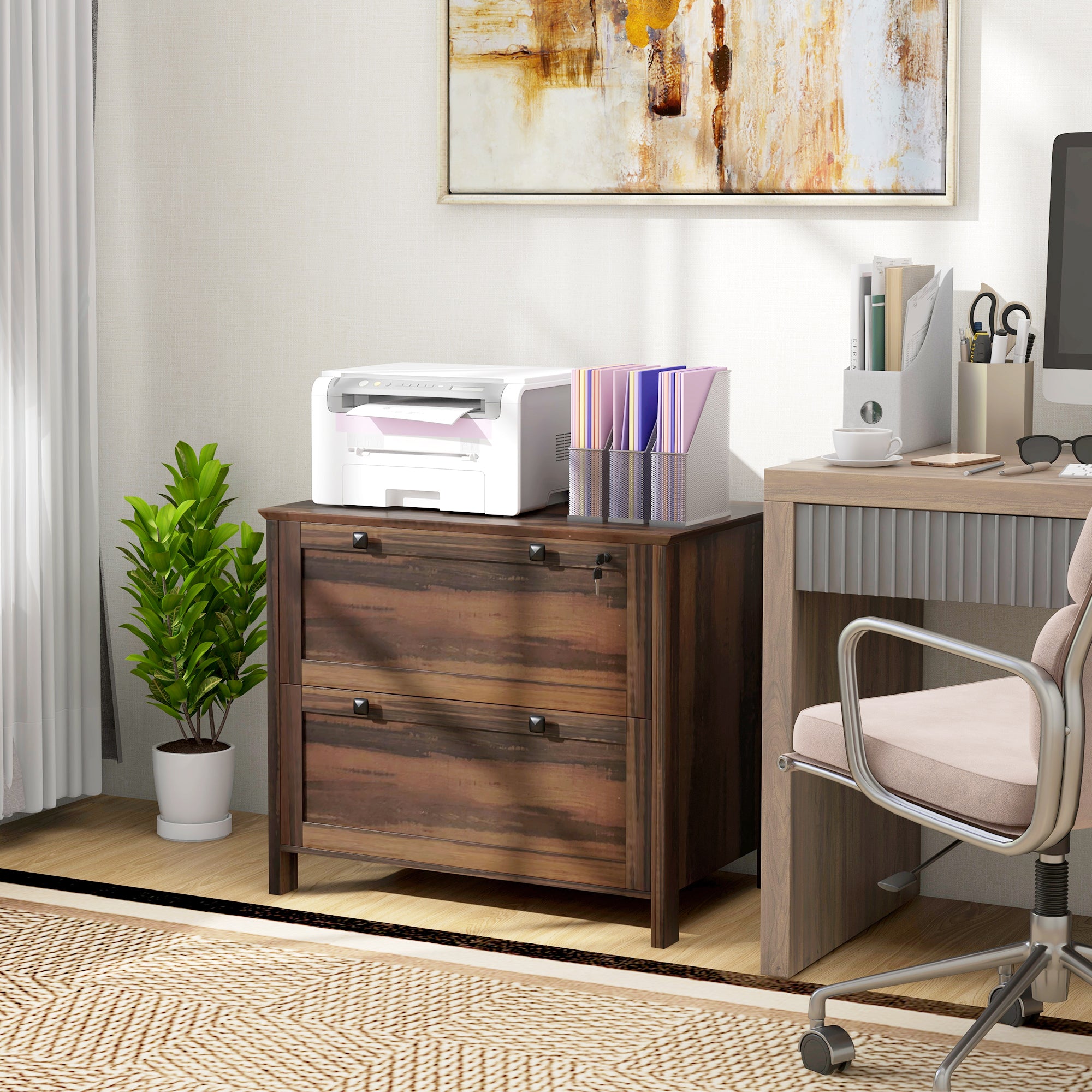 2 Drawer File Cabinet, Lockable Filing Cabinet with Adjustable Hanging Bar for Letter, A4 and Legal Size, Brown Office Cabinets & Cupboards at Gallery Canada