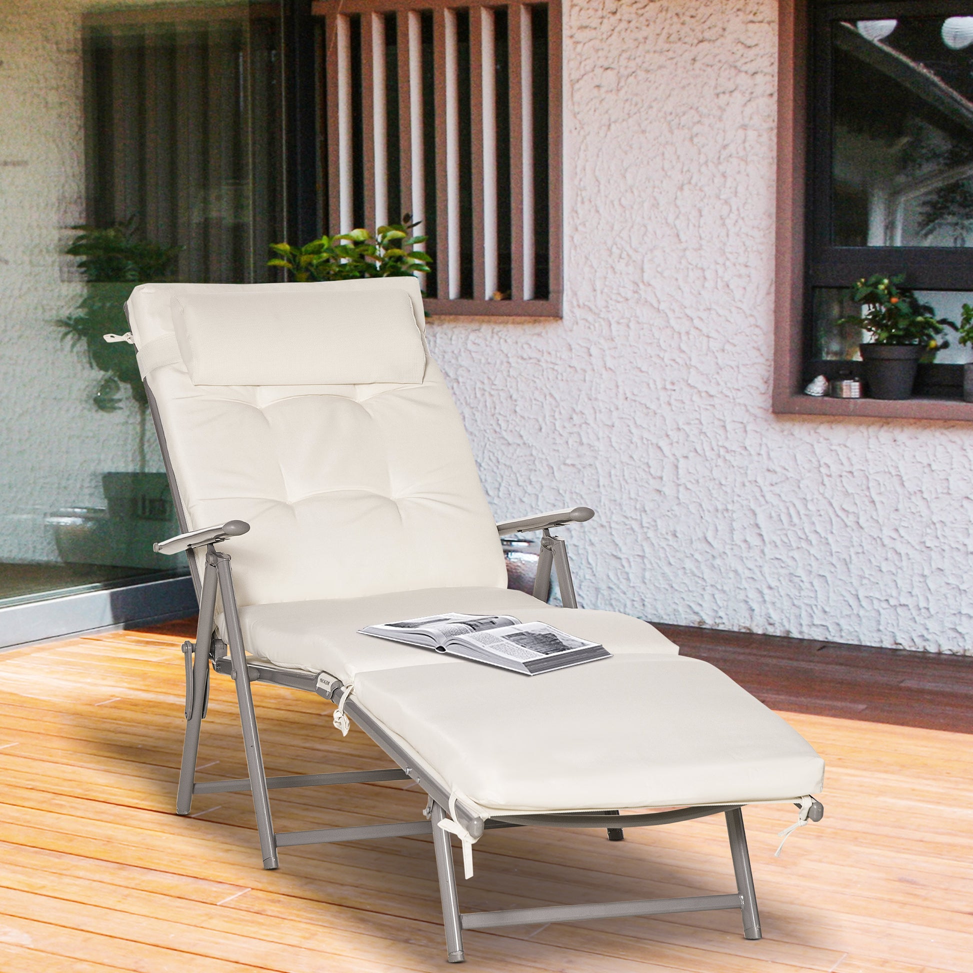 Outdoor Folding Chaise Lounge Chair Recliner with Portable Design, Adjustable Backrest, Cushion and Headrest, Cream White Lounger Chairs   at Gallery Canada