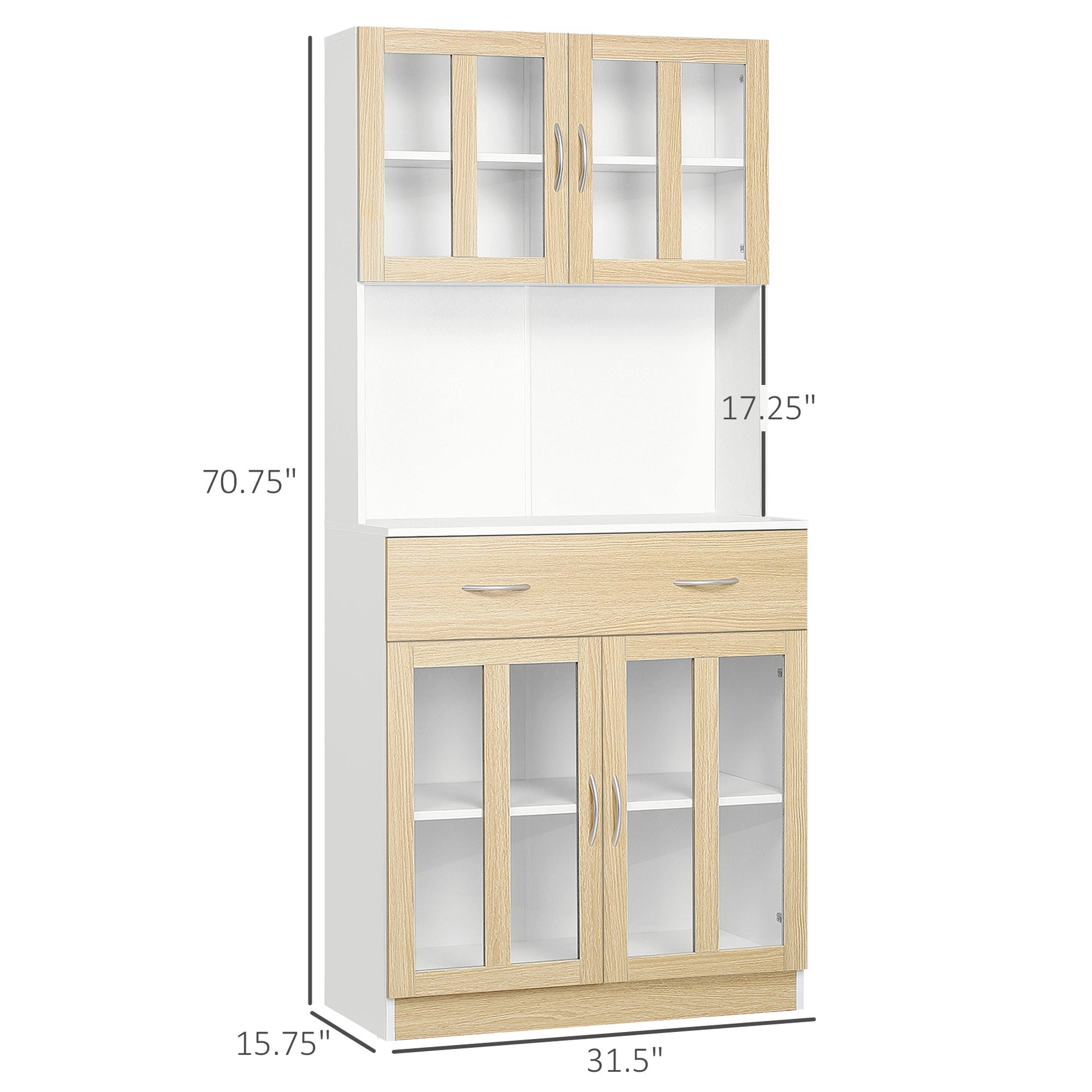 71" Kitchen Buffet with Hutch, Freestanding Pantry Cupboard with Central Drawer, 2 Glass Door Cabinets and Countertop, White Kitchen Pantry Cabinets   at Gallery Canada