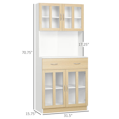 71" Kitchen Buffet with Hutch, Freestanding Pantry Cupboard with Central Drawer, 2 Glass Door Cabinets and Countertop, White Kitchen Pantry Cabinets   at Gallery Canada