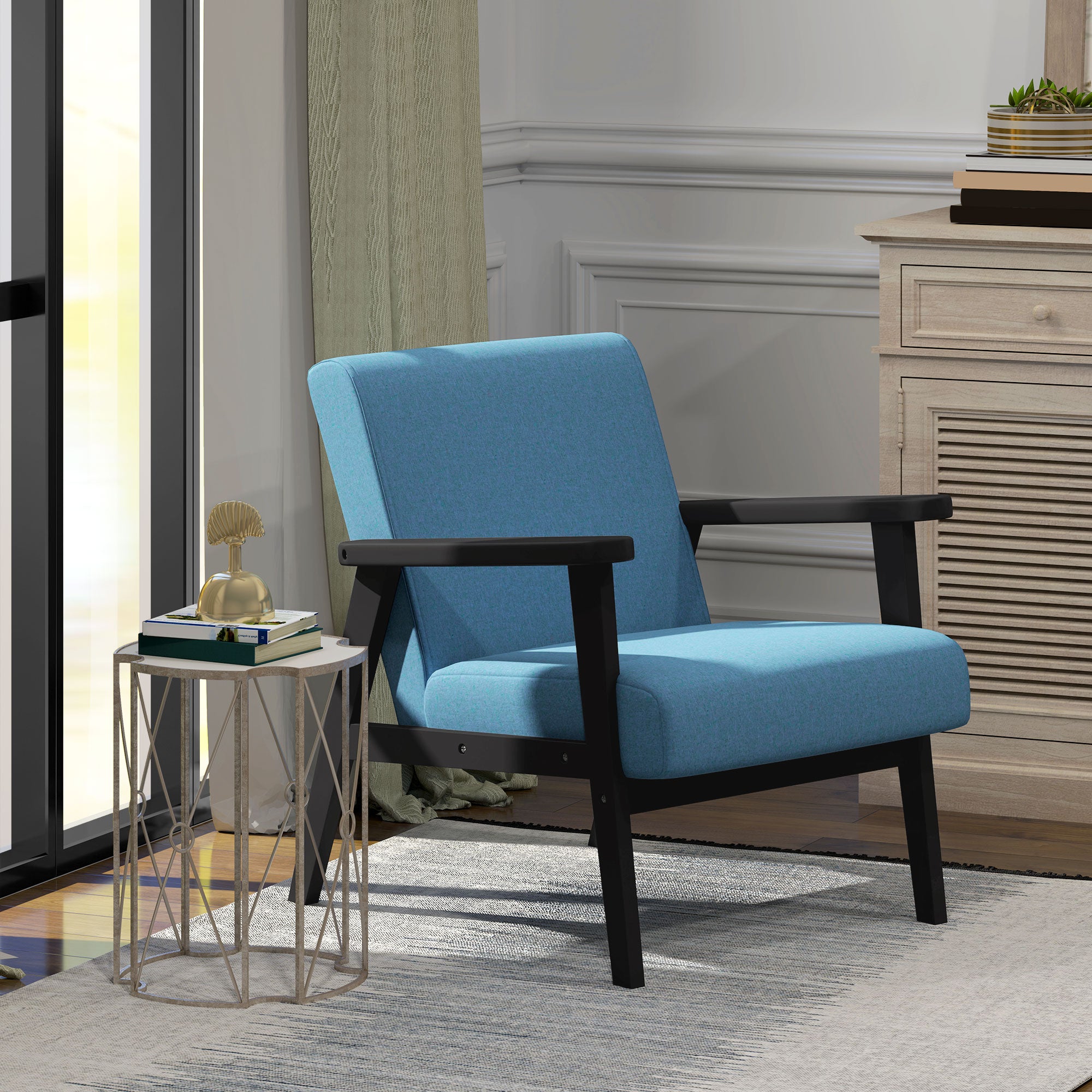 Mid-Century Modern Accent Chair Retro Fabric Armchair Wooden Arm Upholstered Lounge Chair for Living Room Blue Accent Chairs   at Gallery Canada