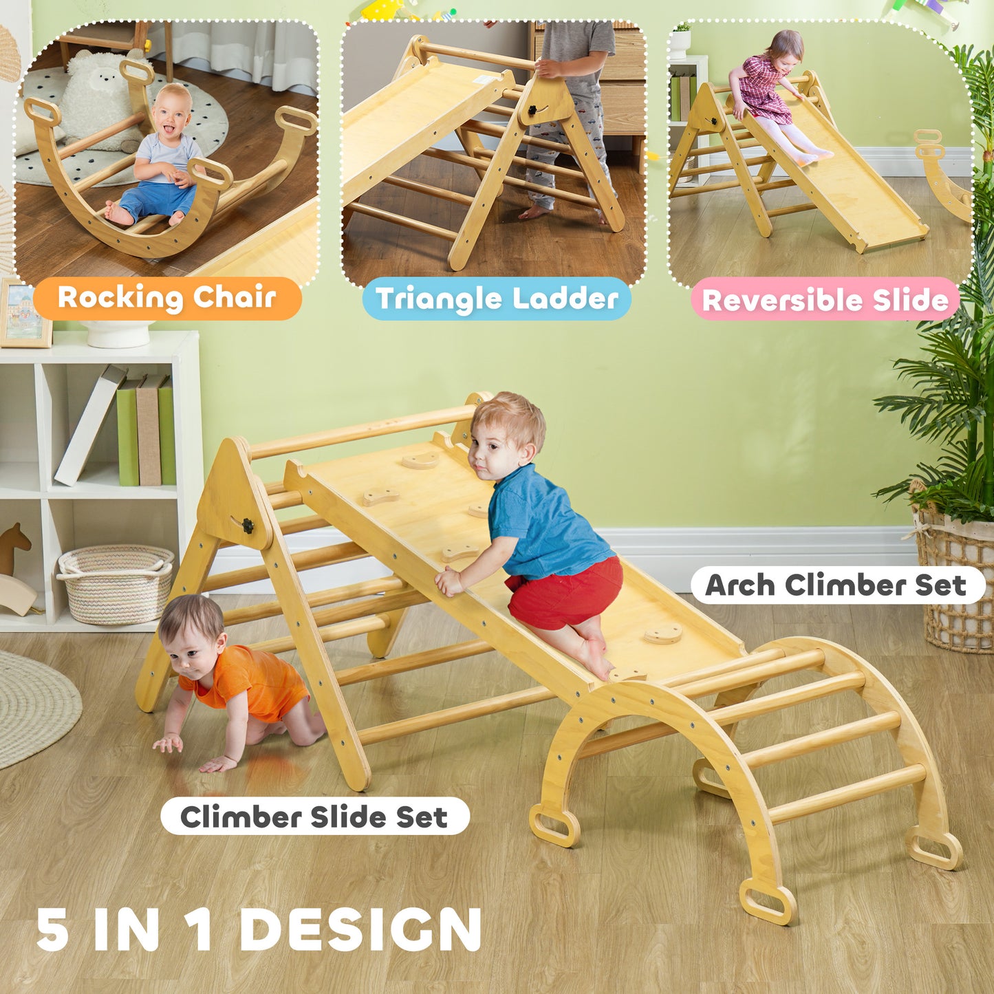 5 in 1 Pikler Triangle Set with Ladder, Ramp, Arch, for 18-48 months, Nature Wood Baby Gym & Playmats   at Gallery Canada