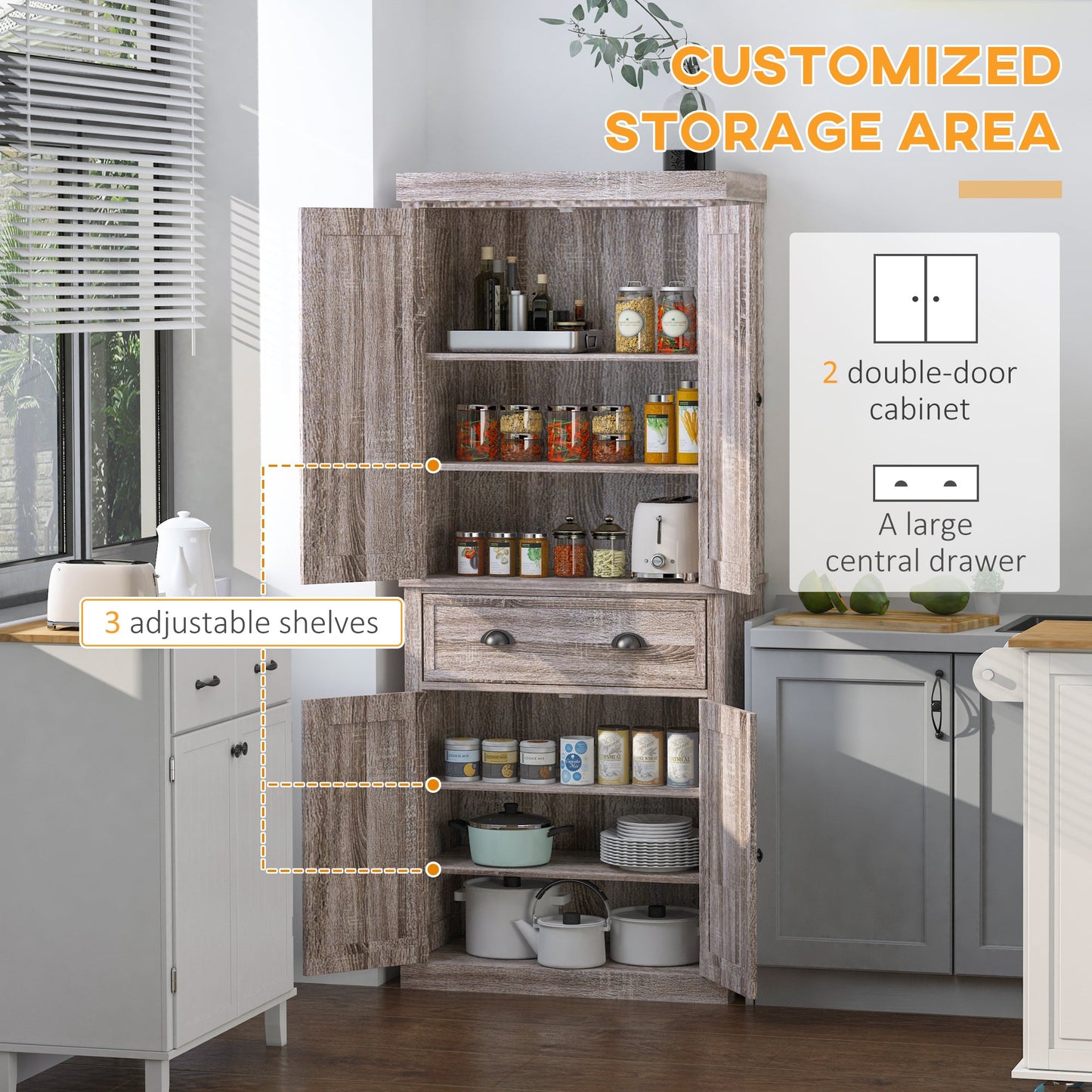 72.5" H Traditional Freestanding Kitchen Pantry Cabinet Traditional Spacious Storage Closet with 1 Drawer Kitchen Pantry Cupboard Cabinet, Wood Grain Kitchen Pantry Cabinets   at Gallery Canada