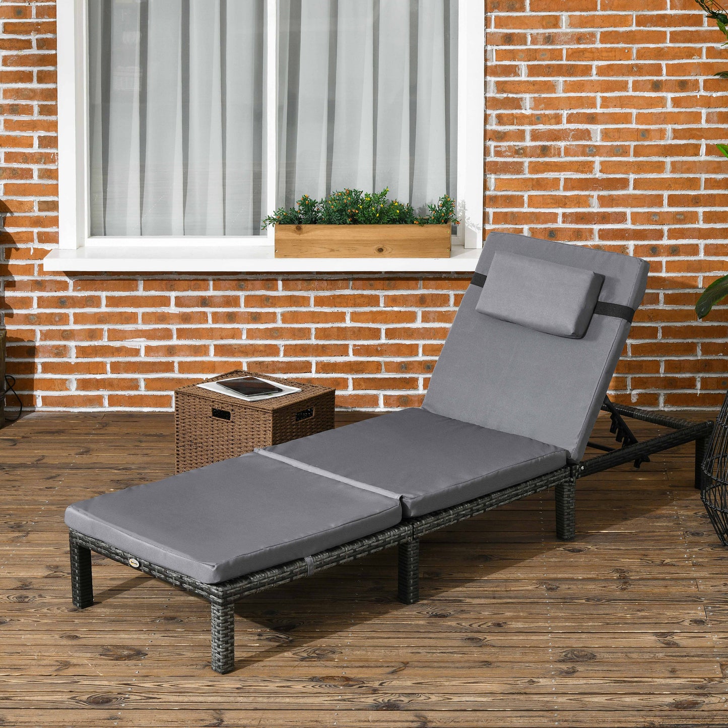 Outdoor Lounger, Patio Lounger with 5-Level Adjustable Back, Headrest for Poolside, Garden, Backyard, Dark Grey Chaise Loungers   at Gallery Canada