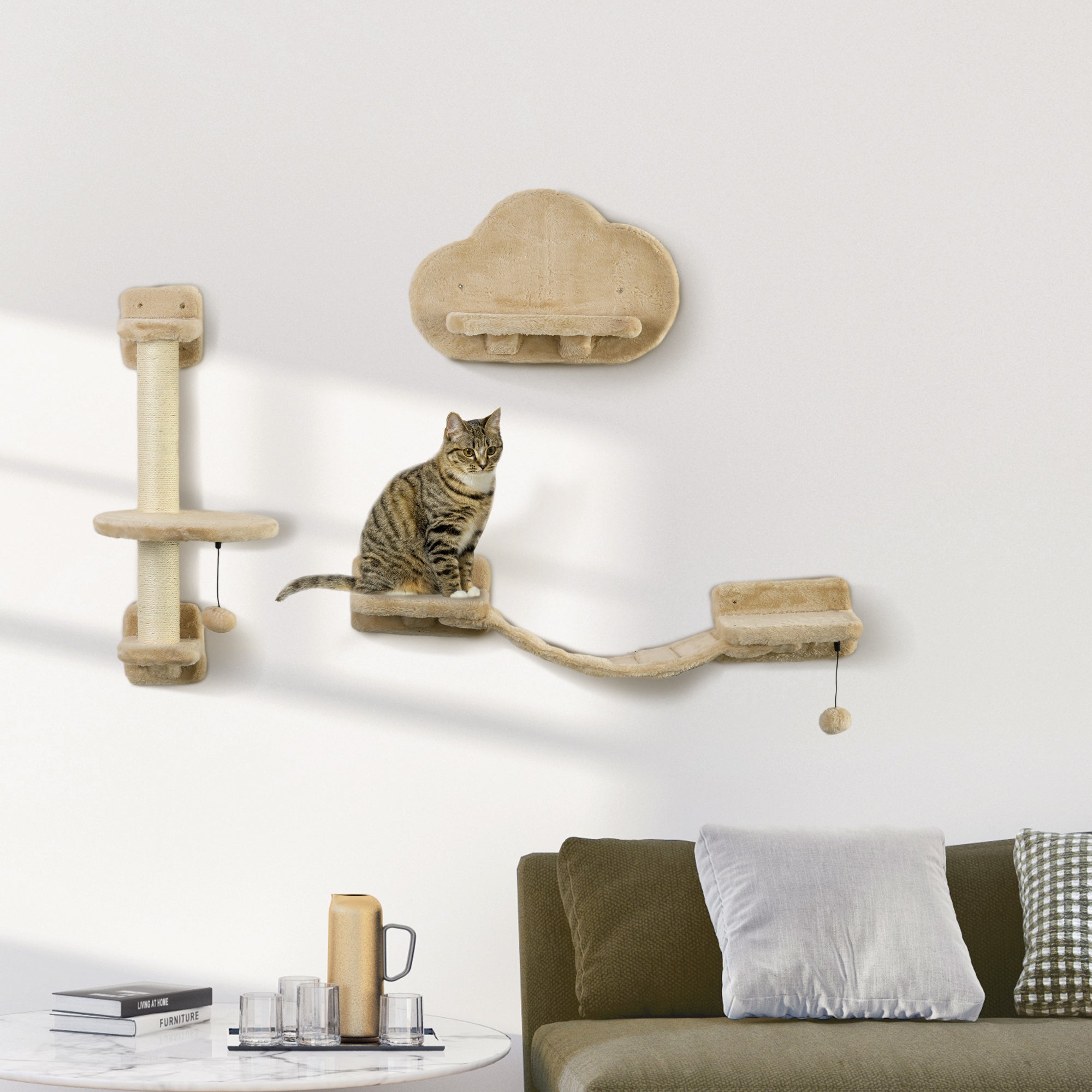 3 PCs Cat Wall Climber with Scratching Post, Ladder, Perches, Cloud-Shaped Cat Shelves, Beige Cat Climbing Wall at Gallery Canada