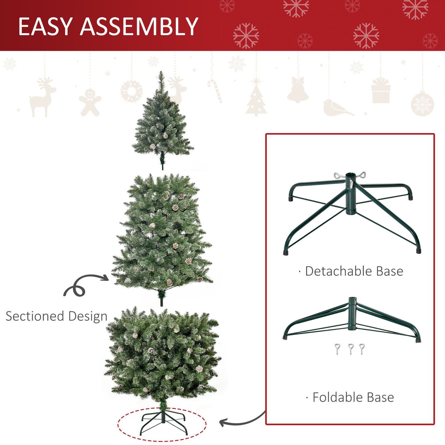 7.5ft Artificial Christmas Tree, Flocked Christmas Tree with Pine Cones, 1119 Branch Tips and Metal Base, Green Flocked Christmas Trees   at Gallery Canada