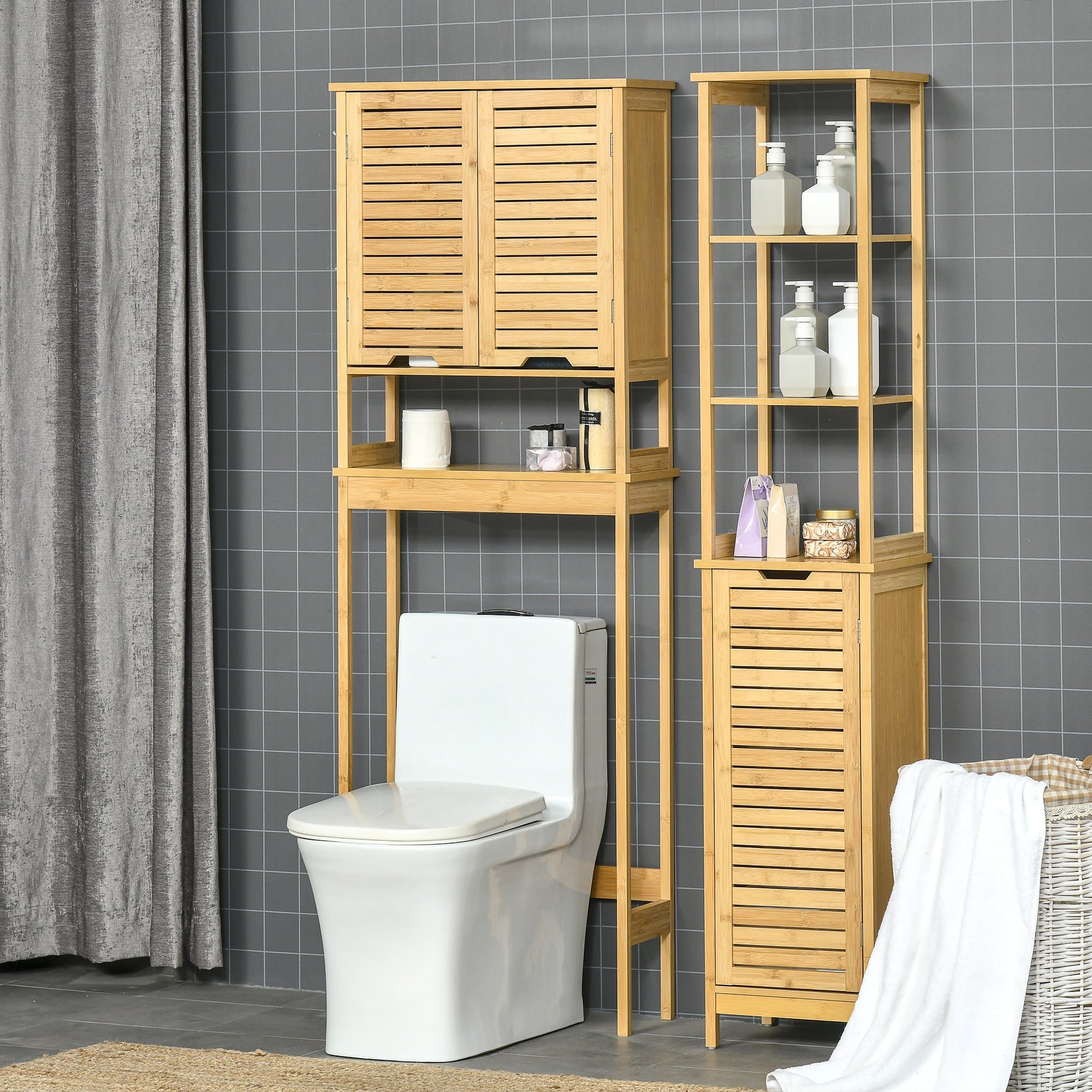 Bathroom Floor Cabinet with 3 Shelves and Cupboard, Slim and Freestanding Linen Tower with Storage, Natural Bathroom Cabinets   at Gallery Canada