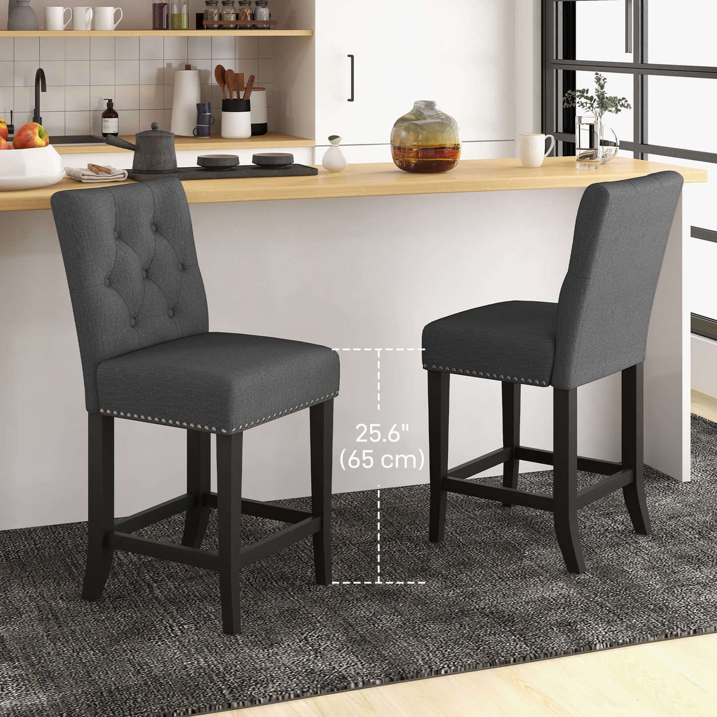 Fabric Bar Stool Set of 2, Tall 25.6" Seat Height Bar Chairs with Tufted Back &; Wood Legs, Dark Grey Bar Stools   at Gallery Canada