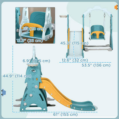 3 in 1 Kids Slide and Swing Set Indoor Playground w/ Basketball Hoop, Climber, Adjustable Swing, Light Blue Gym Sets & Swings   at Gallery Canada