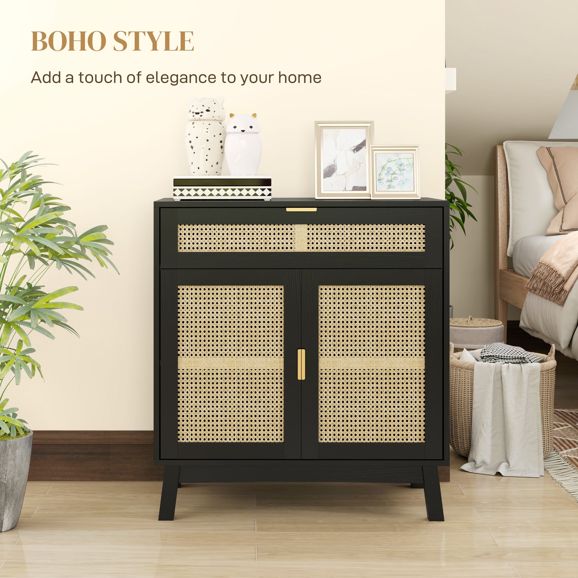 Boho Sideboard Storage Cabinet with Rattan Doors, Black Storage Cabinets at Gallery Canada