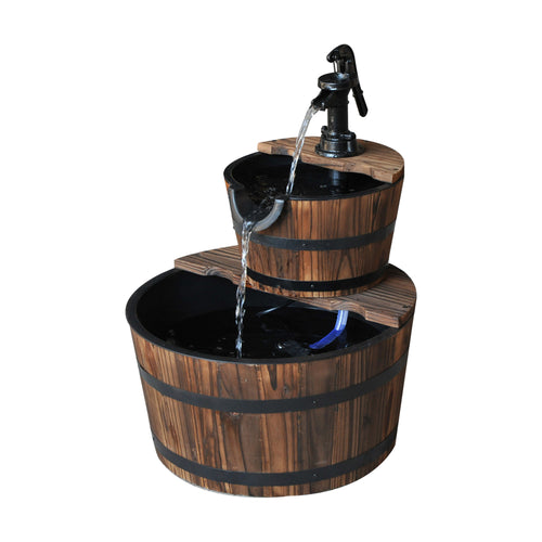 2-Tier Wooden Barrel Water Fountain with Electric Pump Cascading Feature Outdoor Indoor Decoration