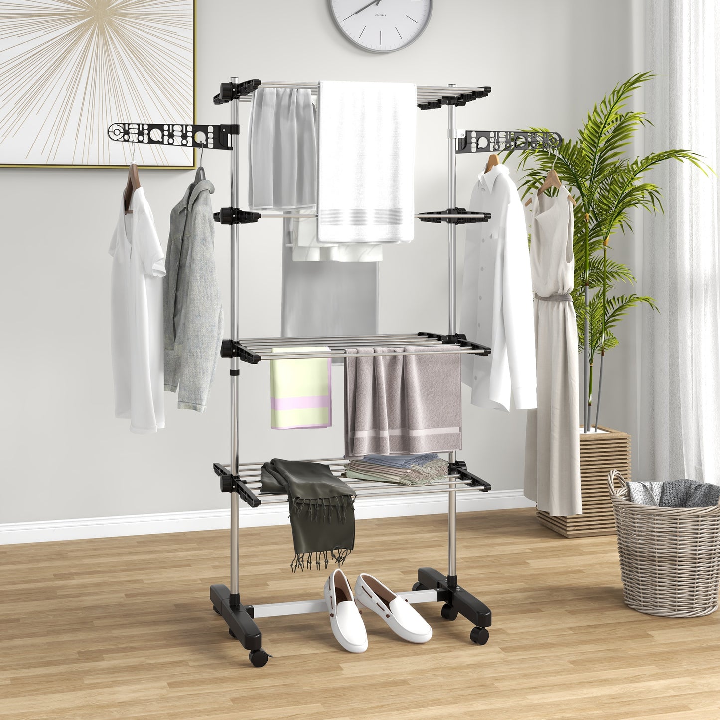 Garment Drying Rack Stainless Steel Folding Clothes Hanging Rack with Side Wings Castors for Indoor Outdoor Black Bath Accessories Silver and Black  at Gallery Canada