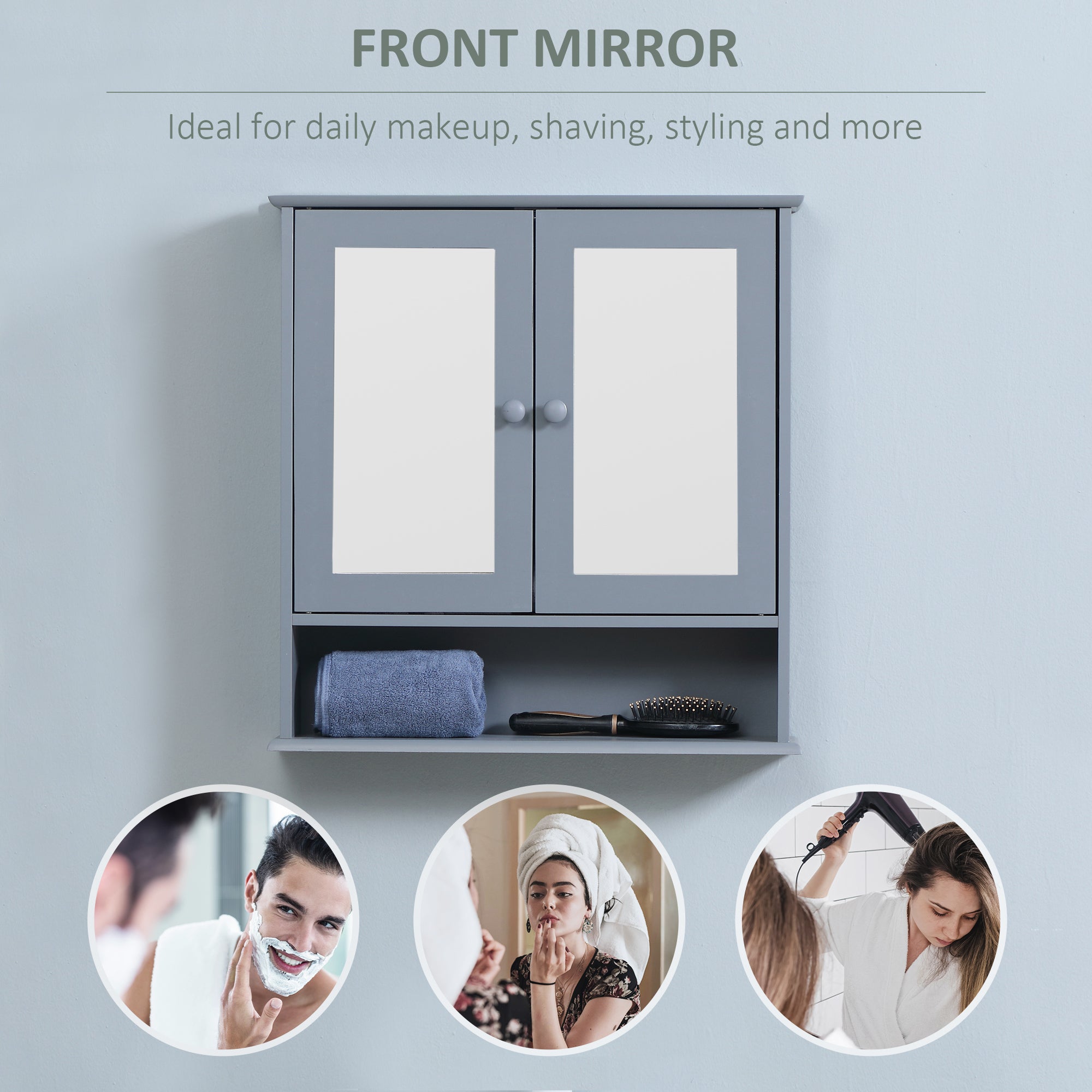 Medicine Cabinet, Wall-Mounted Bathroom Mirror Cabinet with Double Doors, Open Shelf, and Adjustable Shelf, Modern Bathroom Wall Cabinet, Grey Mirror Medicine Cabinets at Gallery Canada
