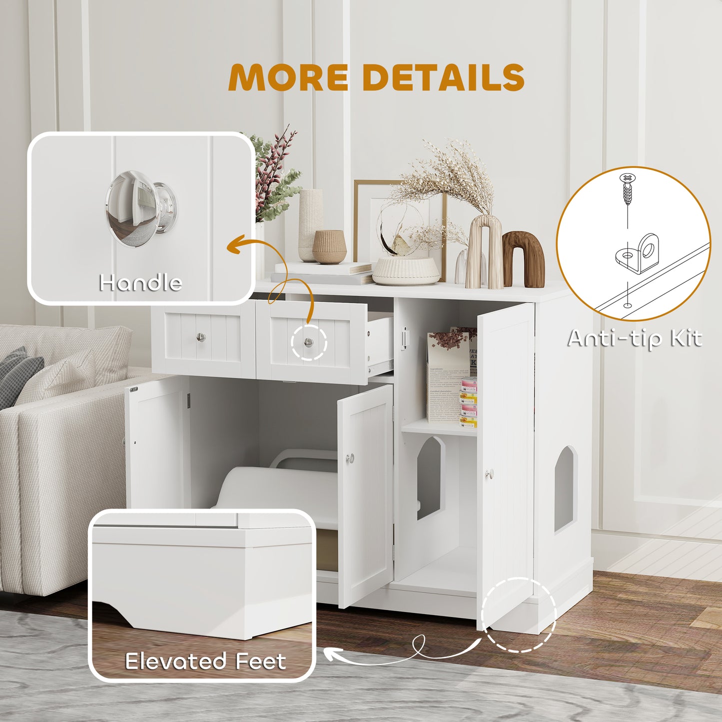 Cat Litter Box Enclosure with Drawer, Storage, Anti-tip Kit, for Living Room, Bedroom, White Cat Litter Box Enclosures at Gallery Canada