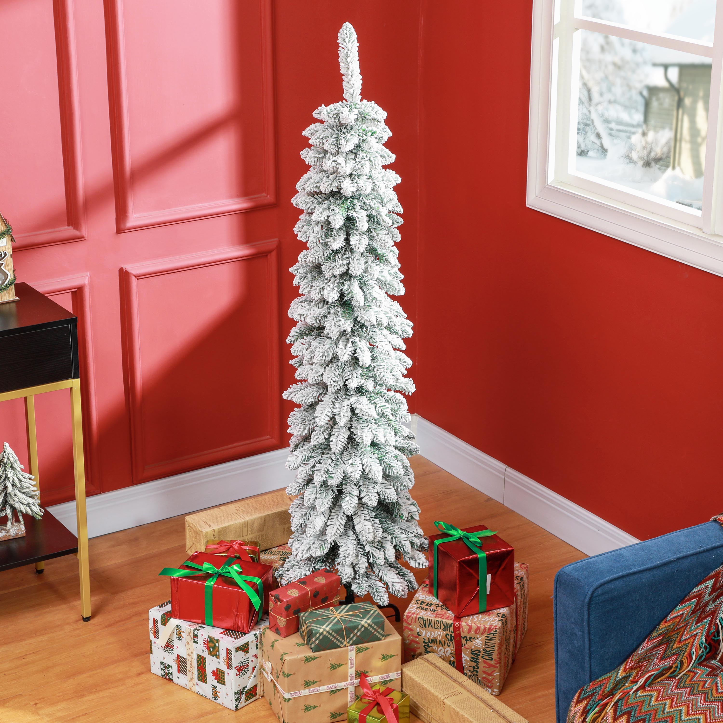 5ft Snow-Flocked Artificial Christmas Tree, Slim Pencil Xmas Tree with 301 Realistic Branches, Metal Base, Green Pencil Christmas Trees at Gallery Canada