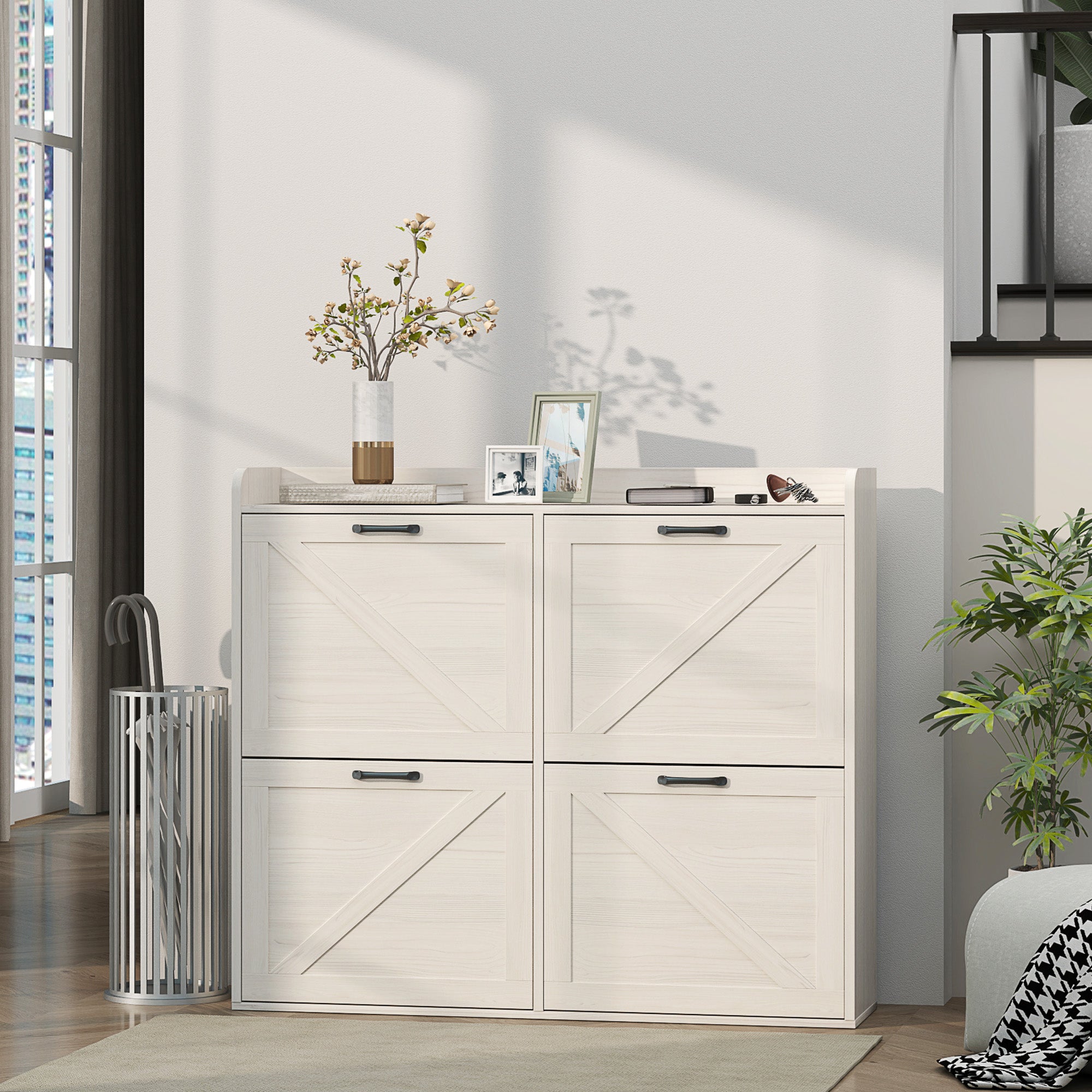Narrow Shoe Storage Cabinet with 4 Flip Drawers, Adjustable Shelves, 16 Pair Farmhouse Shoe Cabinet, White Oak Shoe Storage Cabinets & Racks at Gallery Canada