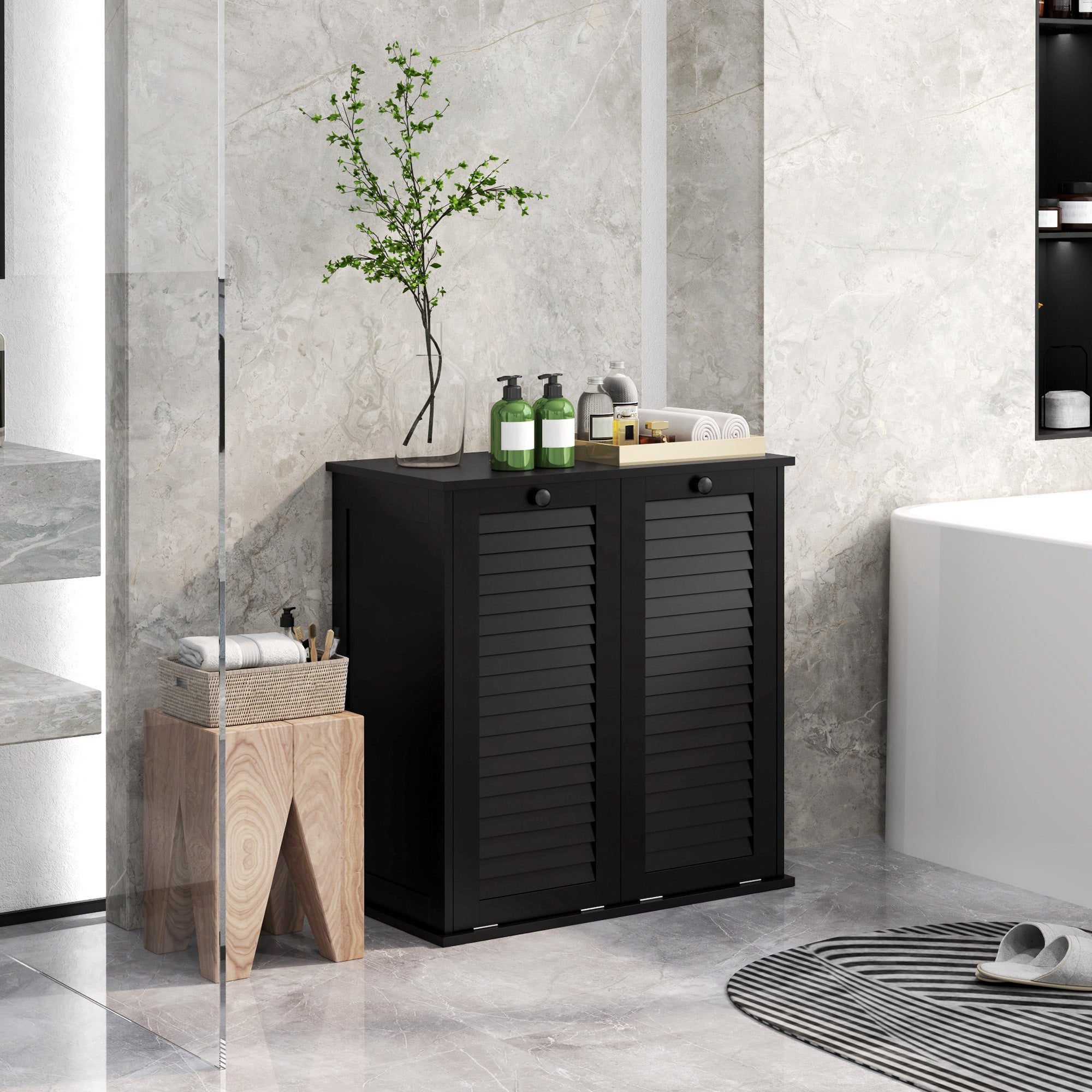 Tilt Out Laundry Cabinet, Laundry Basket Cabinet with 2 Baskets and 2 Louvered Doors, Black Bathroom Cabinets at Gallery Canada