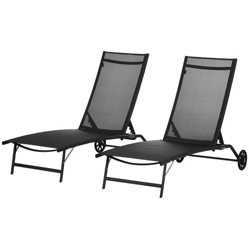 2PCs Lounge Chairs with Wheels, 5-Level Adjustable Backrest for Garden, Backyard, Patio, Deck, Poolside, White