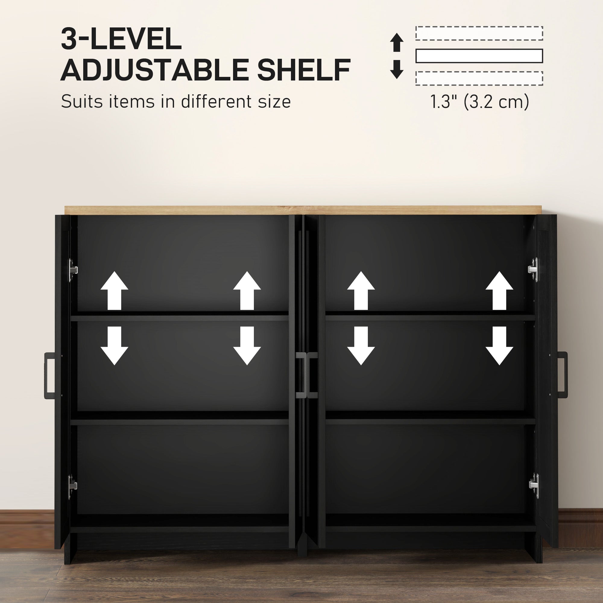Modern Sideboard Buffet Cabinet, Modern Kitchen Storage Cabinet with 4 Doors Adjustable Shelves, for Dining Room, Black Storage Cabinets at Gallery Canada