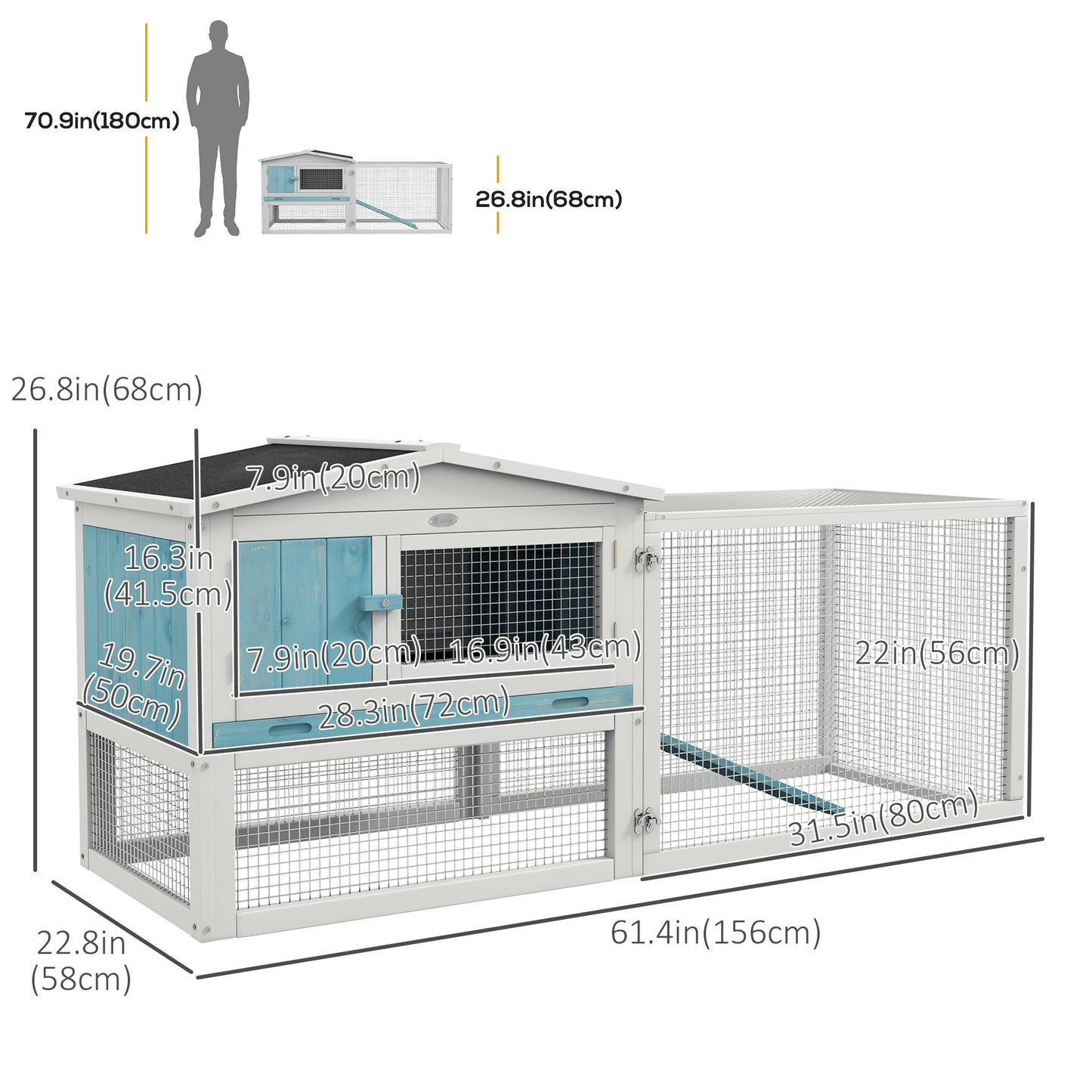 Wooden Rabbit Hutch Guinea Pig House with Removable Tray, Openable Roof, Trough, Run for Tortoises and Ferrets, Blue Rabbit Hutch   at Gallery Canada