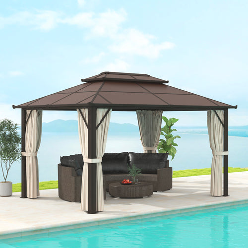 10' x 13' Hardtop Gazebo Canopy with UPF30+ Double Polycarbonate Roof, Aluminum Frame, Netting and Curtains, Beige