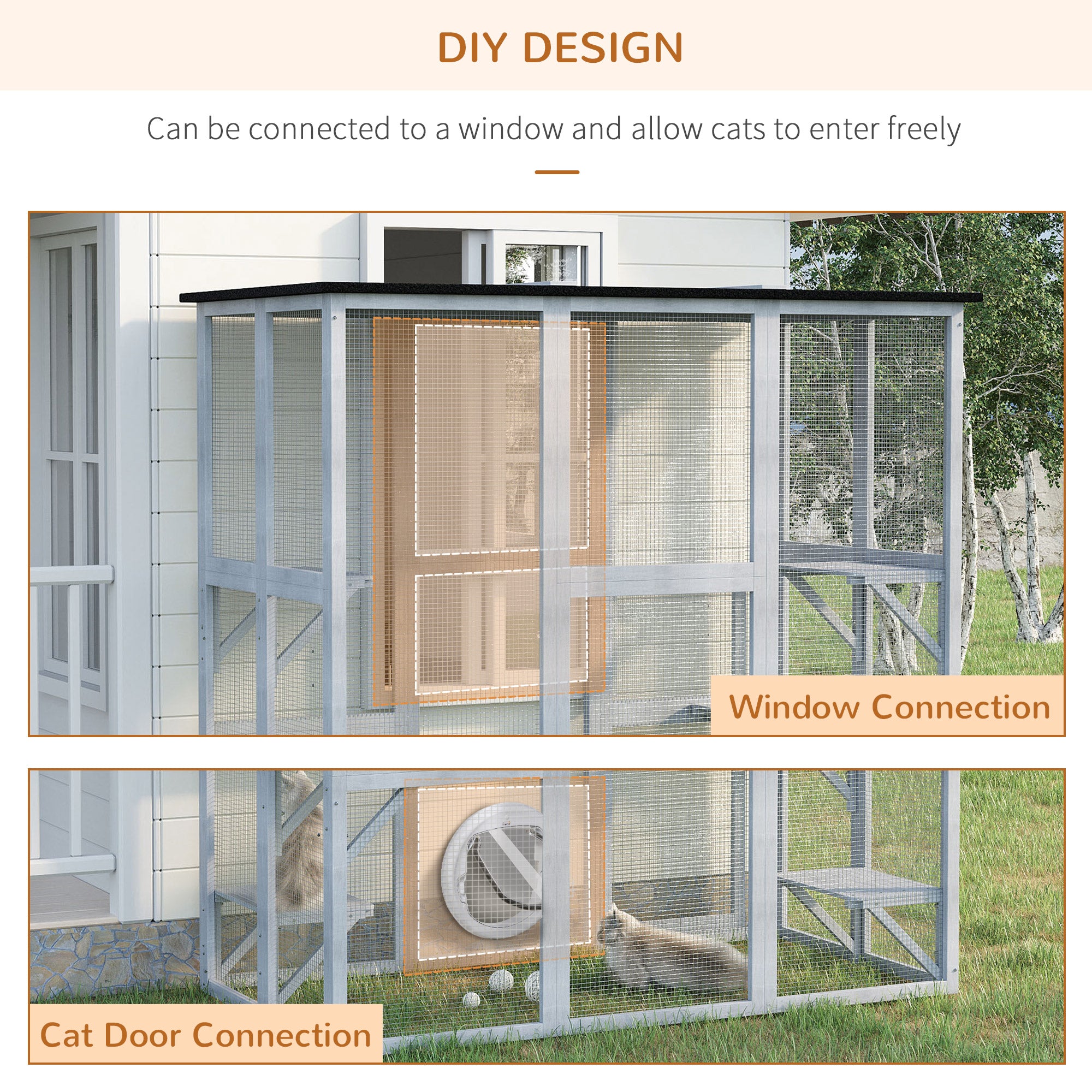 Large Outdoor Catio Enclosure, Weatherproof Cat House with Asphalt Roof, Wooden Cat Patio Cage with 6 Balanced Platforms, 71