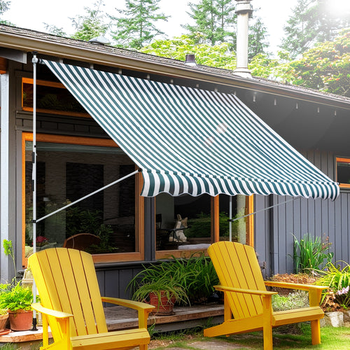 10x5ft Manual Retractable Awning, Patio Sun Shade Canopy Shelter with 5.6-9.2ft Support Pole, Water Resistant UV Protector, for Window, Door, Porch, Deck, Green