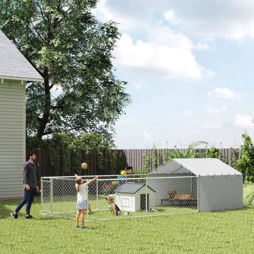 Galvanized Steel Dog Kennel Outdoor with Waterproof &; UV-Resistant Cover for Large Dogs, 19.7' x 7.5' x 4.9'