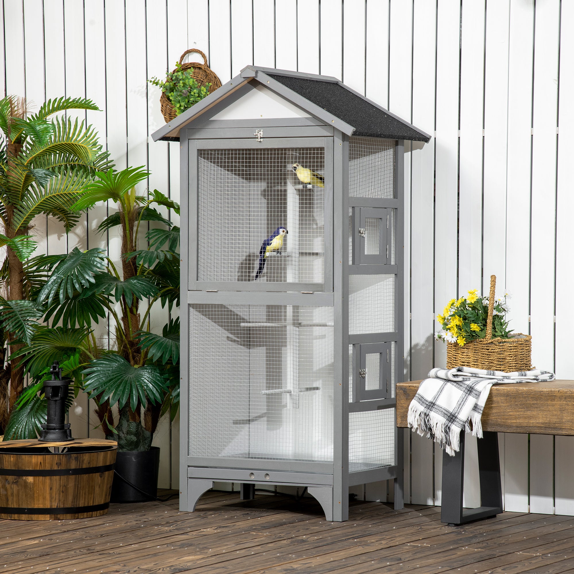 Wooden Bird Aviary Parrot Cage Pet Furniture with Removable Bottom Tray, 2 Doors, Asphalt Roof, 4 Perches, Light Grey Bird Cages at Gallery Canada