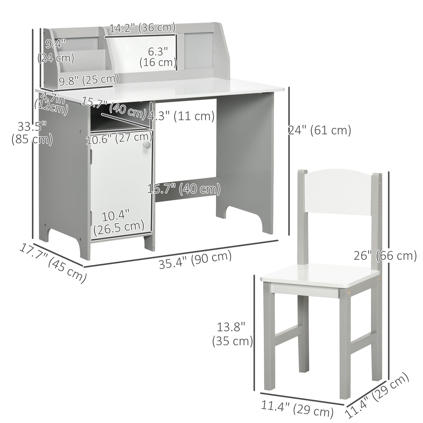 2Pcs Kids Desk and Chair Set with Whiteboard, Storage, Shelves, Grey Kids Desk Sets   at Gallery Canada