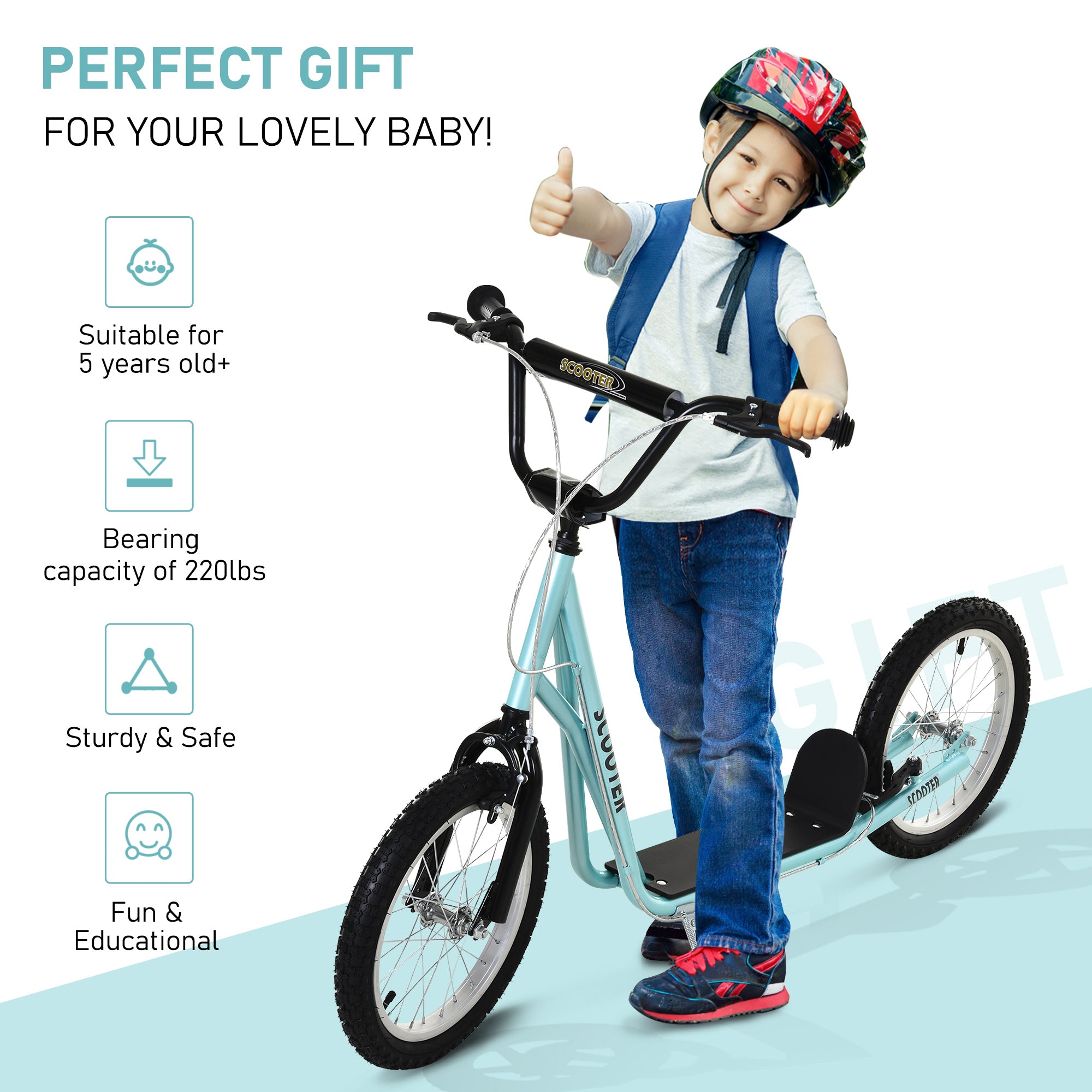 Kids Kick Scooter for 5+ Year Old, Kids Ride on Toy w/ 16'' Inflatable Wheel Dual Brakes, Blue Scooters at Gallery Canada
