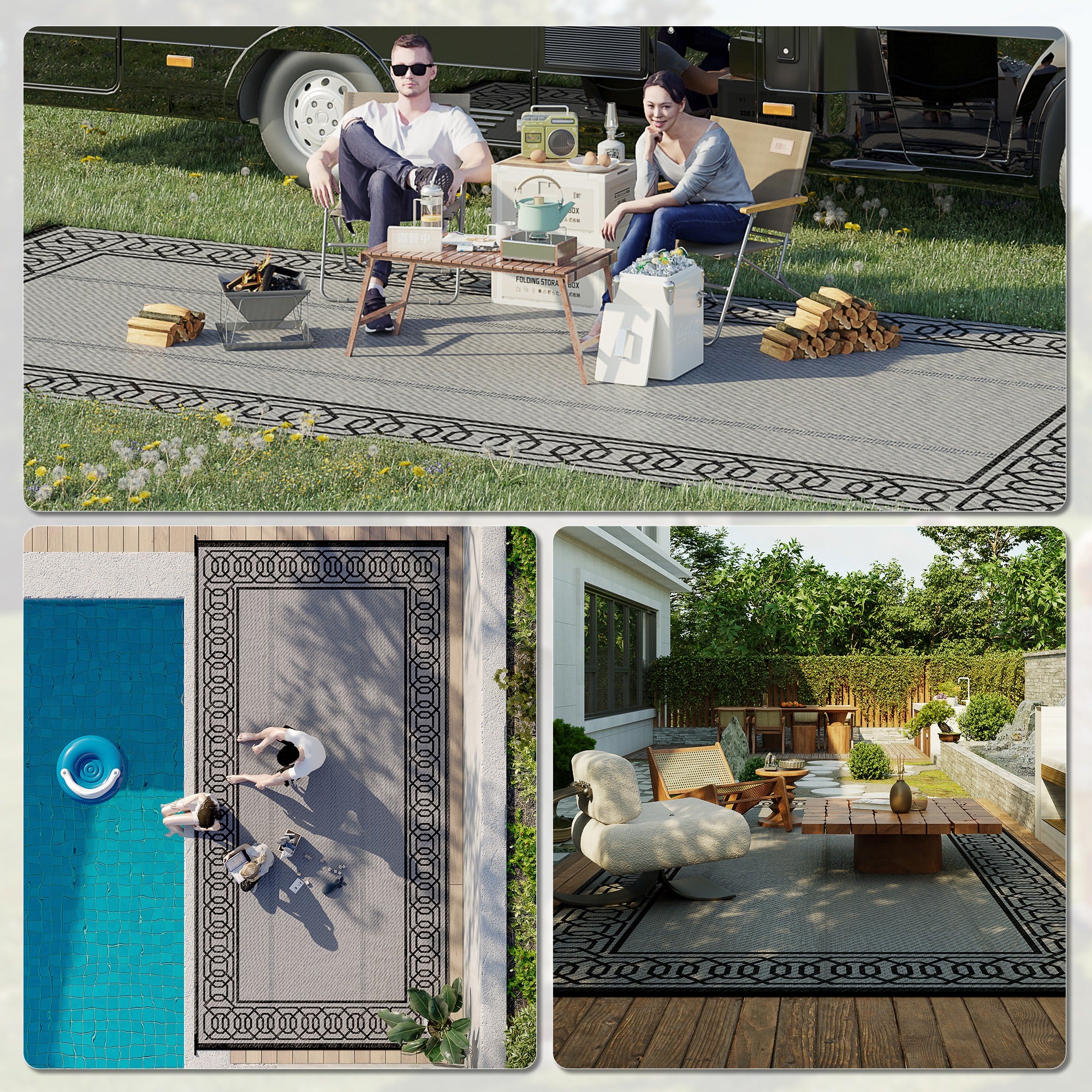 Portable Outdoor Rug with Carrying Bag, 9' x 18' Reversible Mat, Waterproof Plastic Straw RV Rug for Backyard, Deck, Picnic, Beach, Camping, Black and Grey Outdoor Reversible Rugs at Gallery Canada