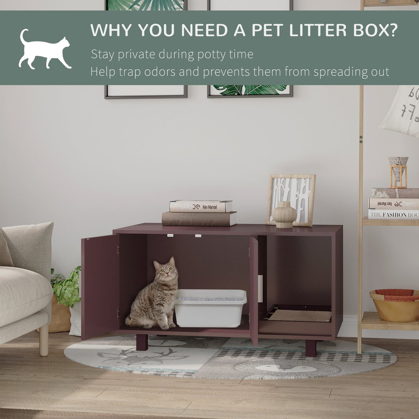 Wooden Cat Washroom Pet Litter Box Enclosure Kitten House Nightstand End Table with Scratcher Magnetic Doors Brown Cat Litter Box Enclosures   at Gallery Canada