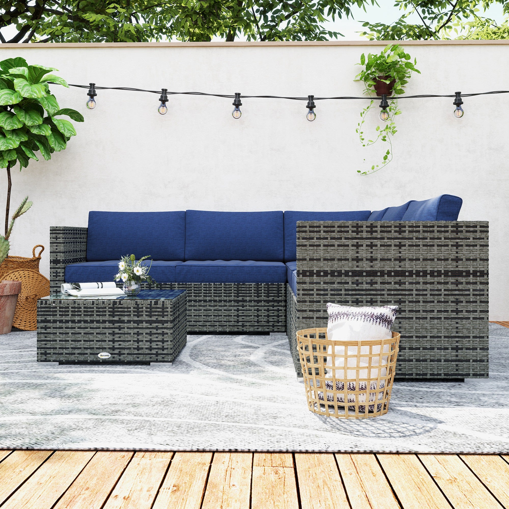 4 Pieces Rattan Wicker Outdoor Conversation Furniture Set w/ Corner Sofa Loveseats Coffee Table Cushions, Navy Blue Patio Furniture Sets at Gallery Canada