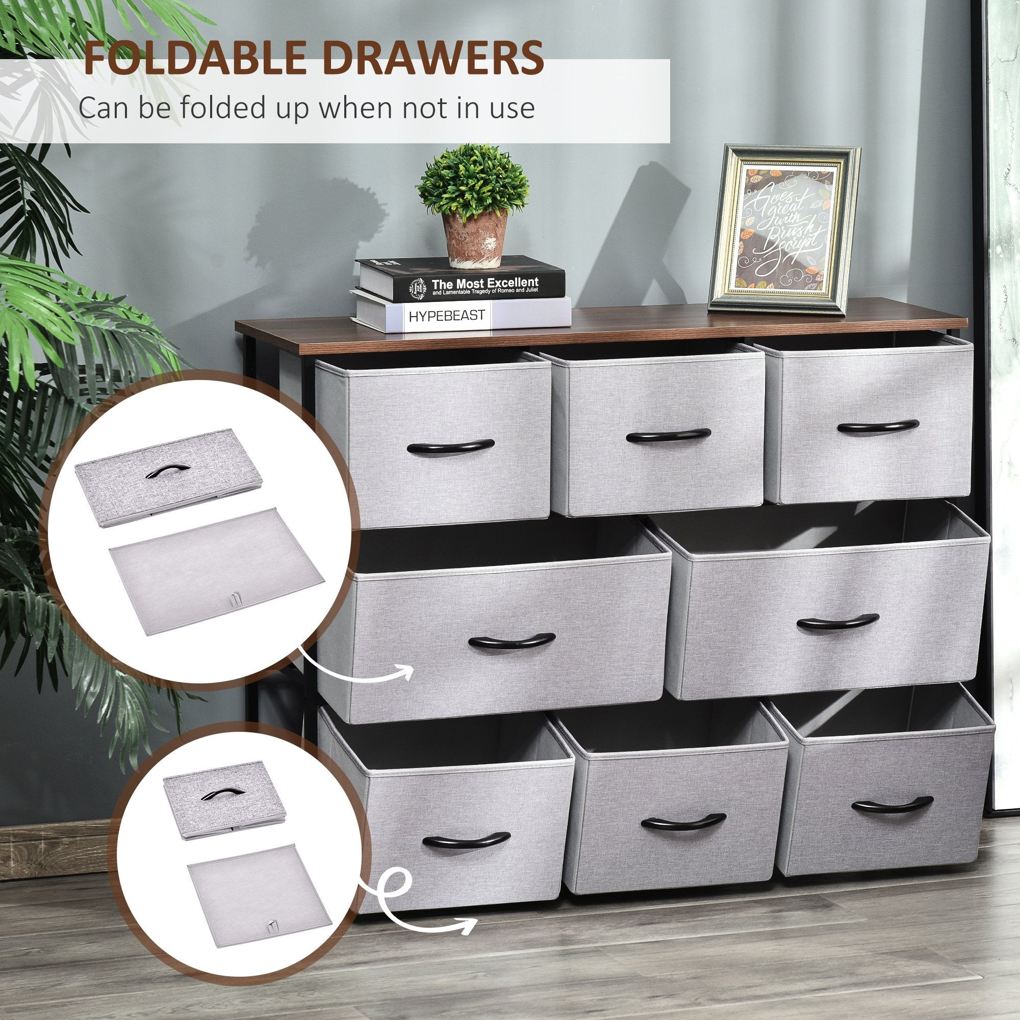 8-Bin Dresser, 3-Tier Fabric Chest of Bins, Storage Tower Organizer Unit with Steel Frame Wooden Top for Living Room, Hallway, Grey Storage Cabinets   at Gallery Canada