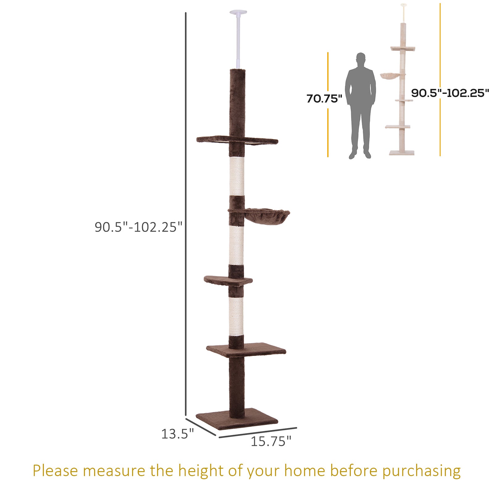 8.5ft Cat Climbing Tree 5-Tier Kitty Activity Center with Scratching Post Brown and White Floor to Ceiling Cat Trees   at Gallery Canada