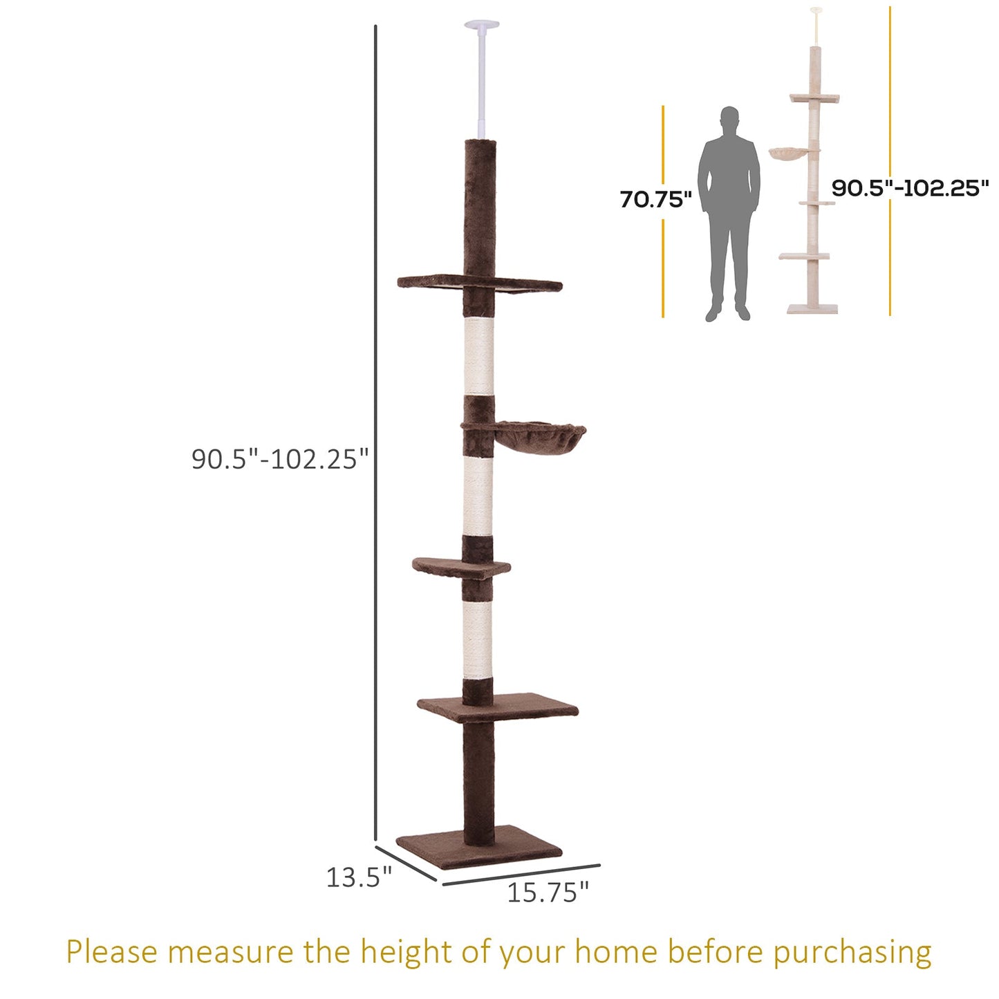 8.5ft Cat Climbing Tree 5-Tier Kitty Activity Center with Scratching Post Brown and White Floor to Ceiling Cat Trees   at Gallery Canada