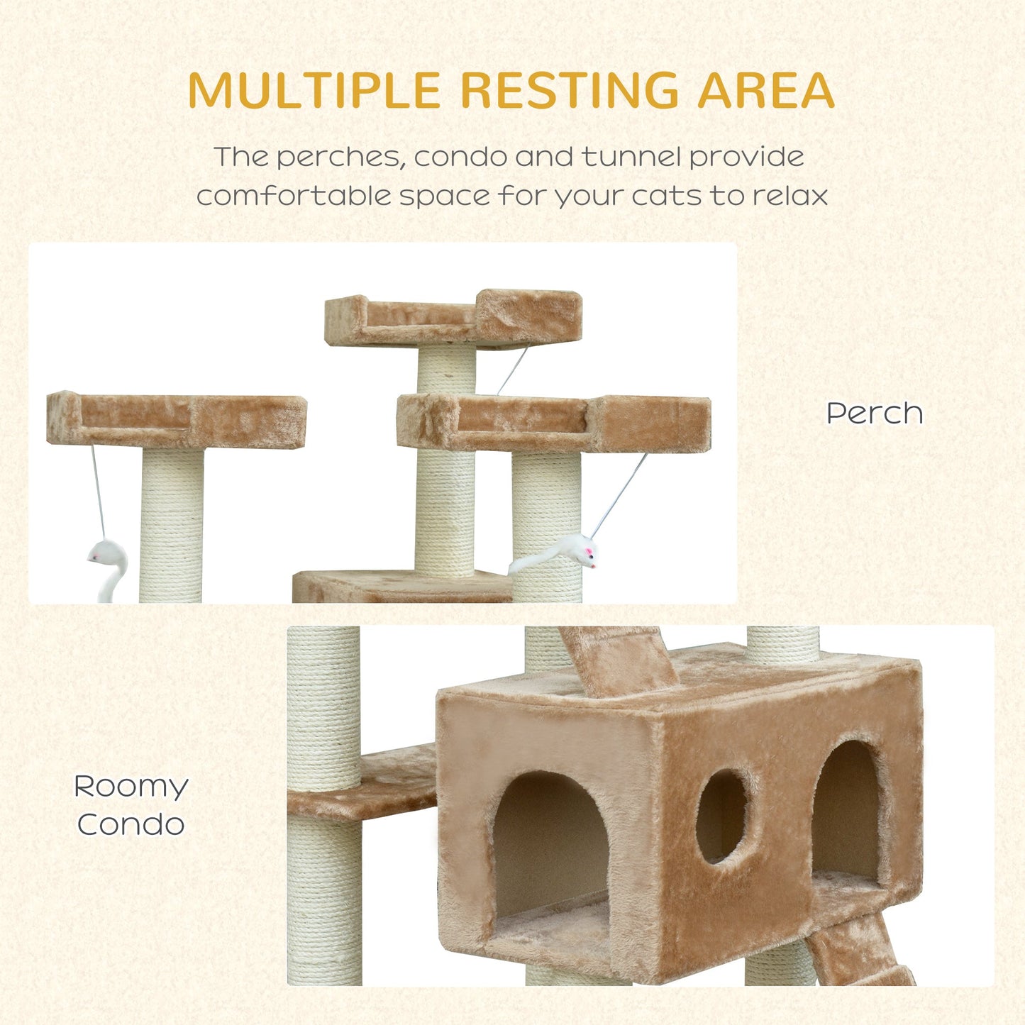 71-Inch Cat Tree Furniture Pet Tower House with Scratch Post and Condo, Beige Cat Towers   at Gallery Canada