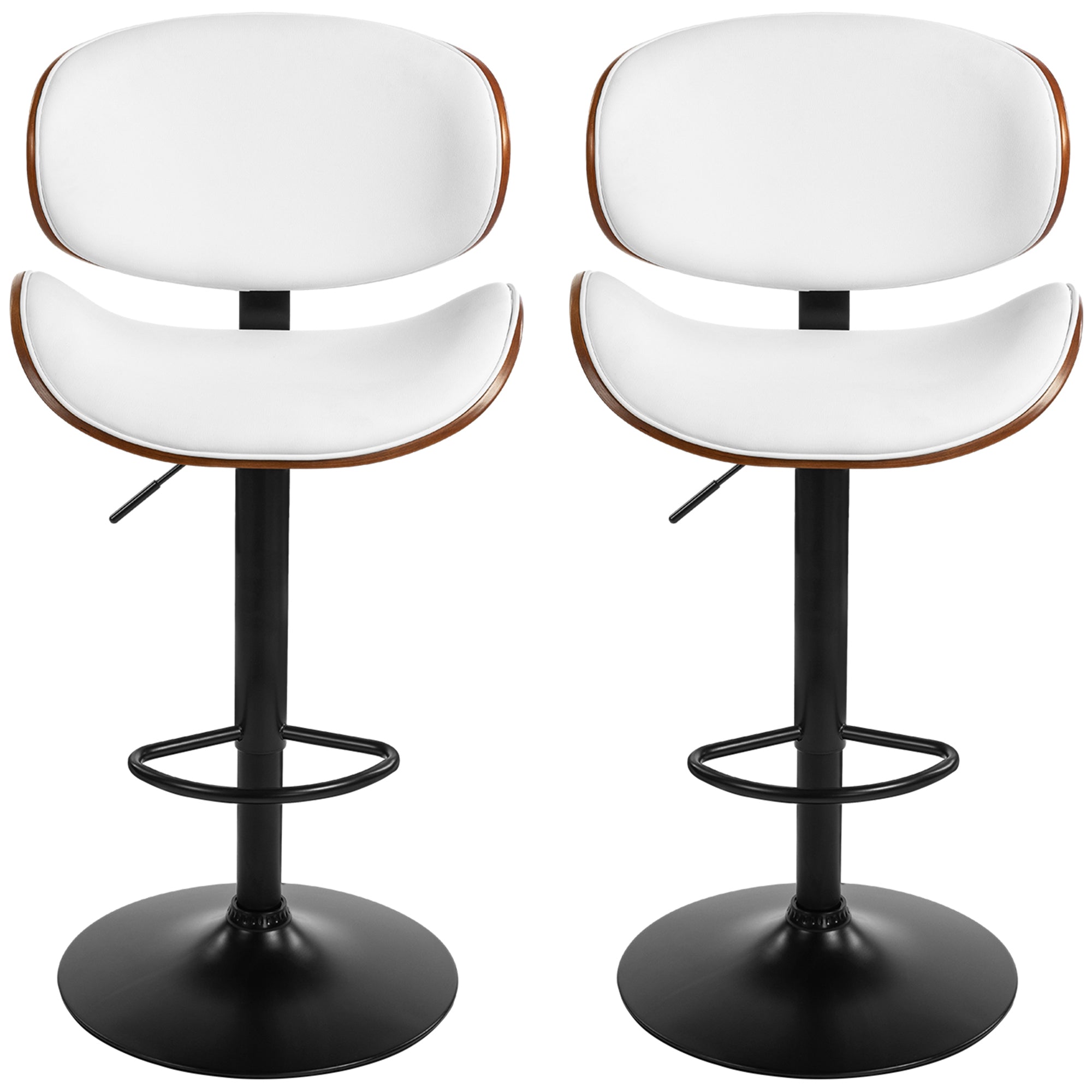 Bar Stools Set of 2, Modern PU Leather Adjustable Swivel Barstools with Curved Back, Footrest and Steel Base, White Bar Stools   at Gallery Canada