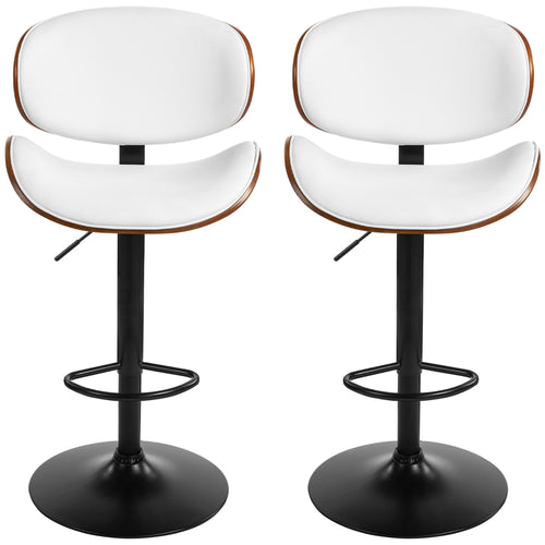 Bar Stools Set of 2, Modern PU Leather Adjustable Swivel Barstools with Curved Back, Footrest and Steel Base, White