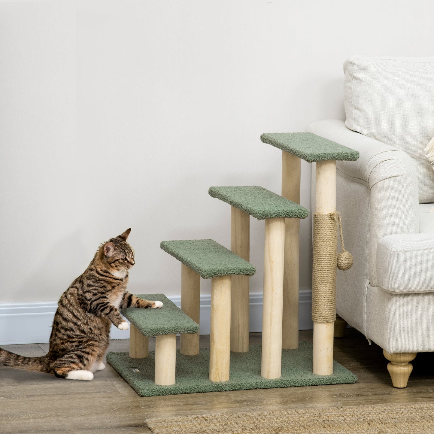 4-Level Pet Dog Cat Stairs, 25" Cat Tree Tower with Sisal Scratching Posts and Ball Toy, Green Cat Stairs   at Gallery Canada