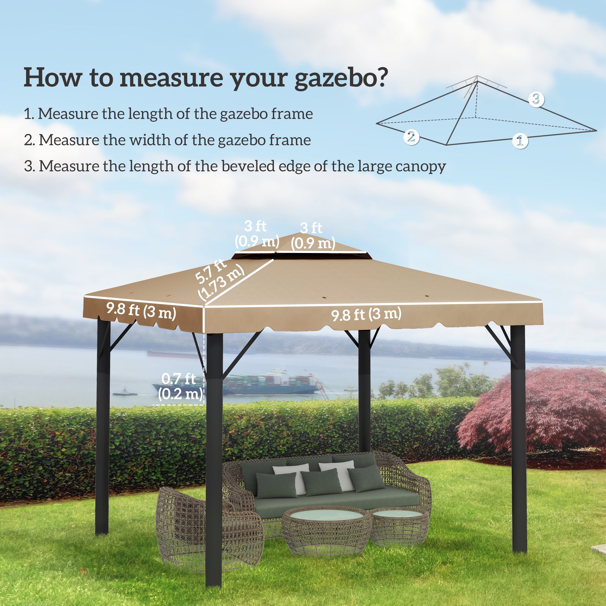 9.8' x 9.8' Replacement Canopy, Gazebo Top Cover with Double Vented Roof for Garden Patio (TOP ONLY), Khaki Gazebos at Gallery Canada