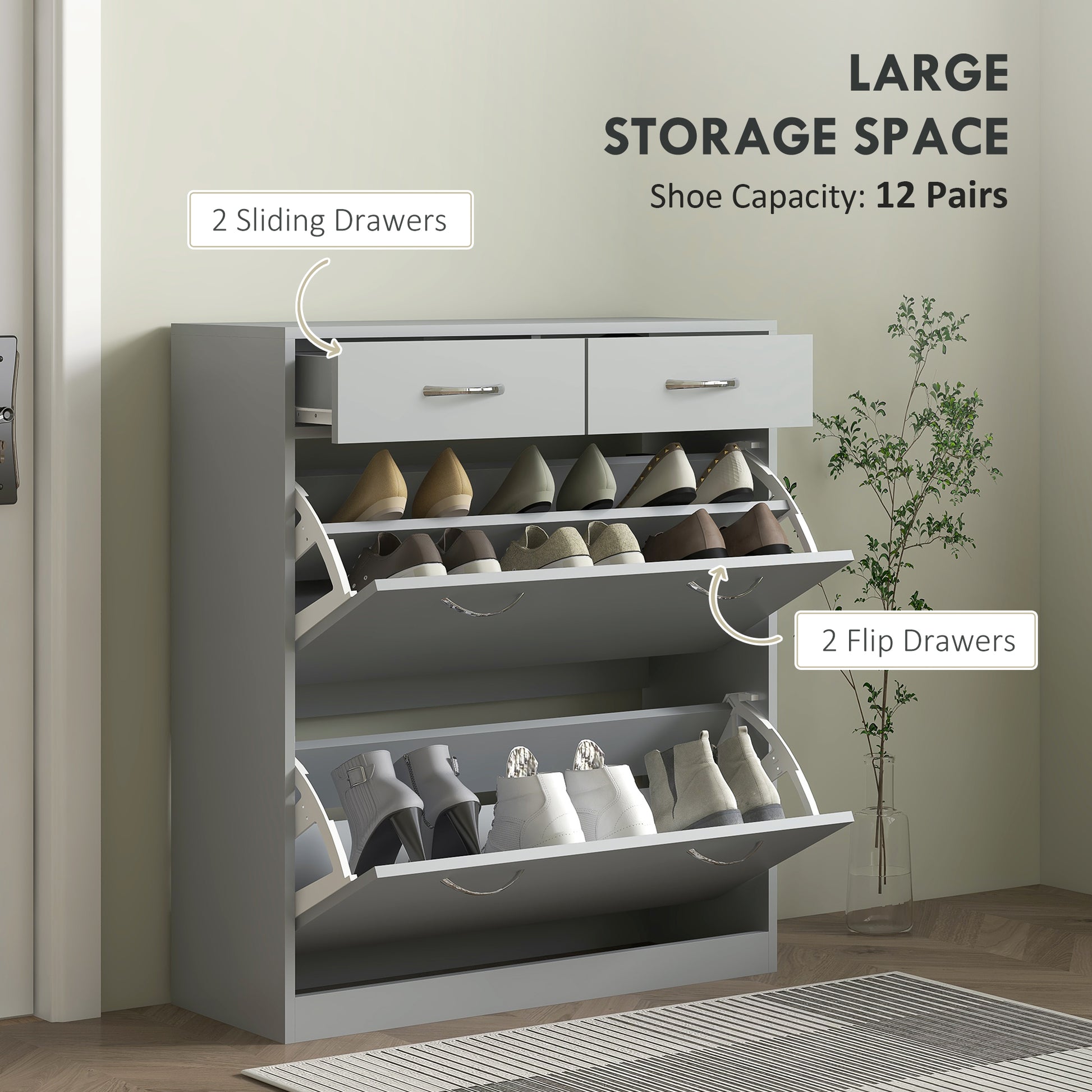 Narrow Shoe Storage with 2 Flip Drawers and Adjustable Shelves Shoe Organizer Cabinet for 12 Pairs of Shoes, Grey Shoe Storage Cabinets & Racks at Gallery Canada