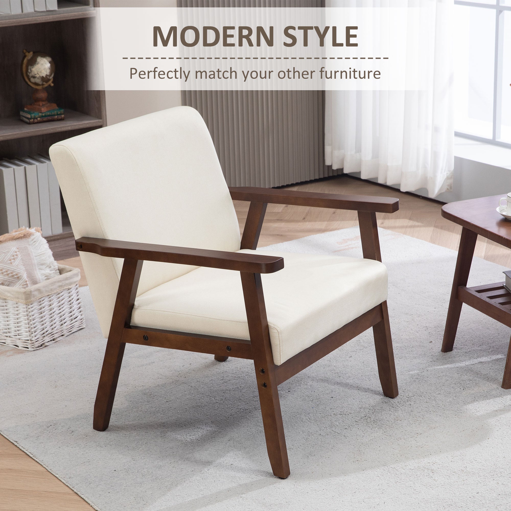 Modern Accent Chairs with Cushioned Seat, Upholstered Linen-Feel Armchair for Bedroom, Living Room, Cream White Accent Chairs   at Gallery Canada