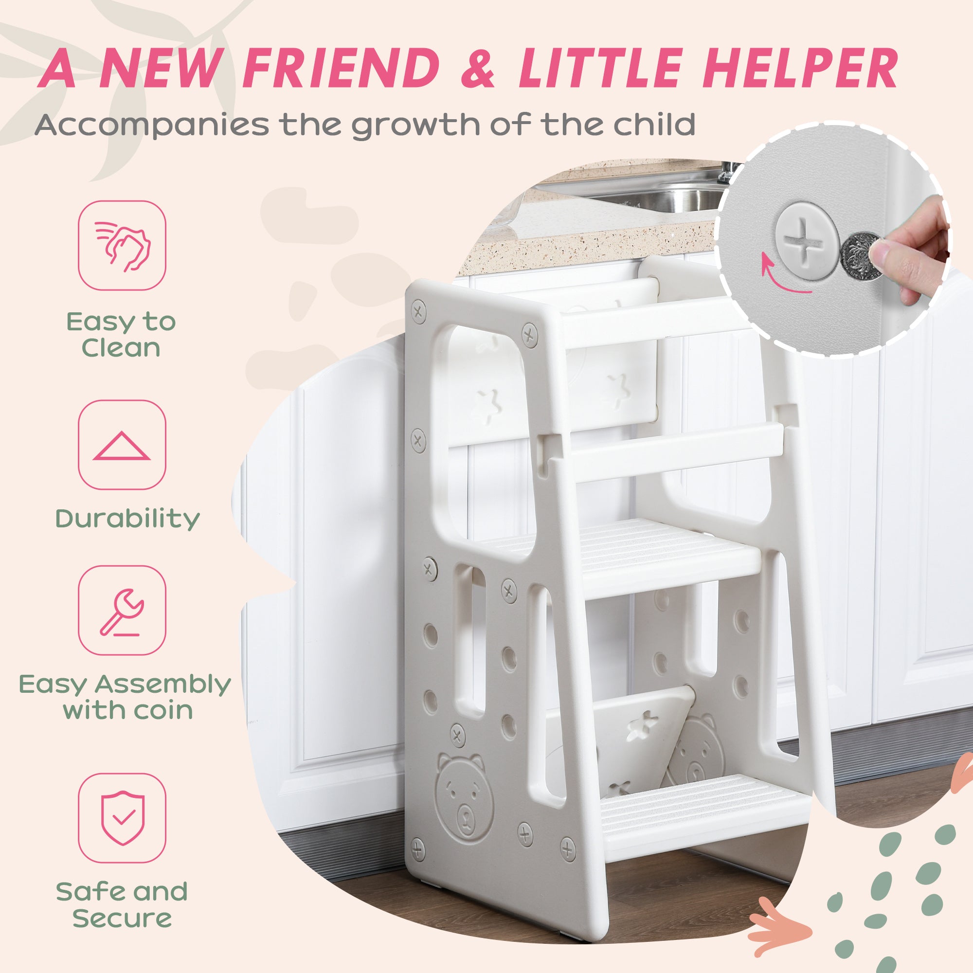 Toddler Kitchen Helper 2 Step Stool with Adjustable Height Platform and Safety Rail, White Toddler & Kids Step Stools   at Gallery Canada