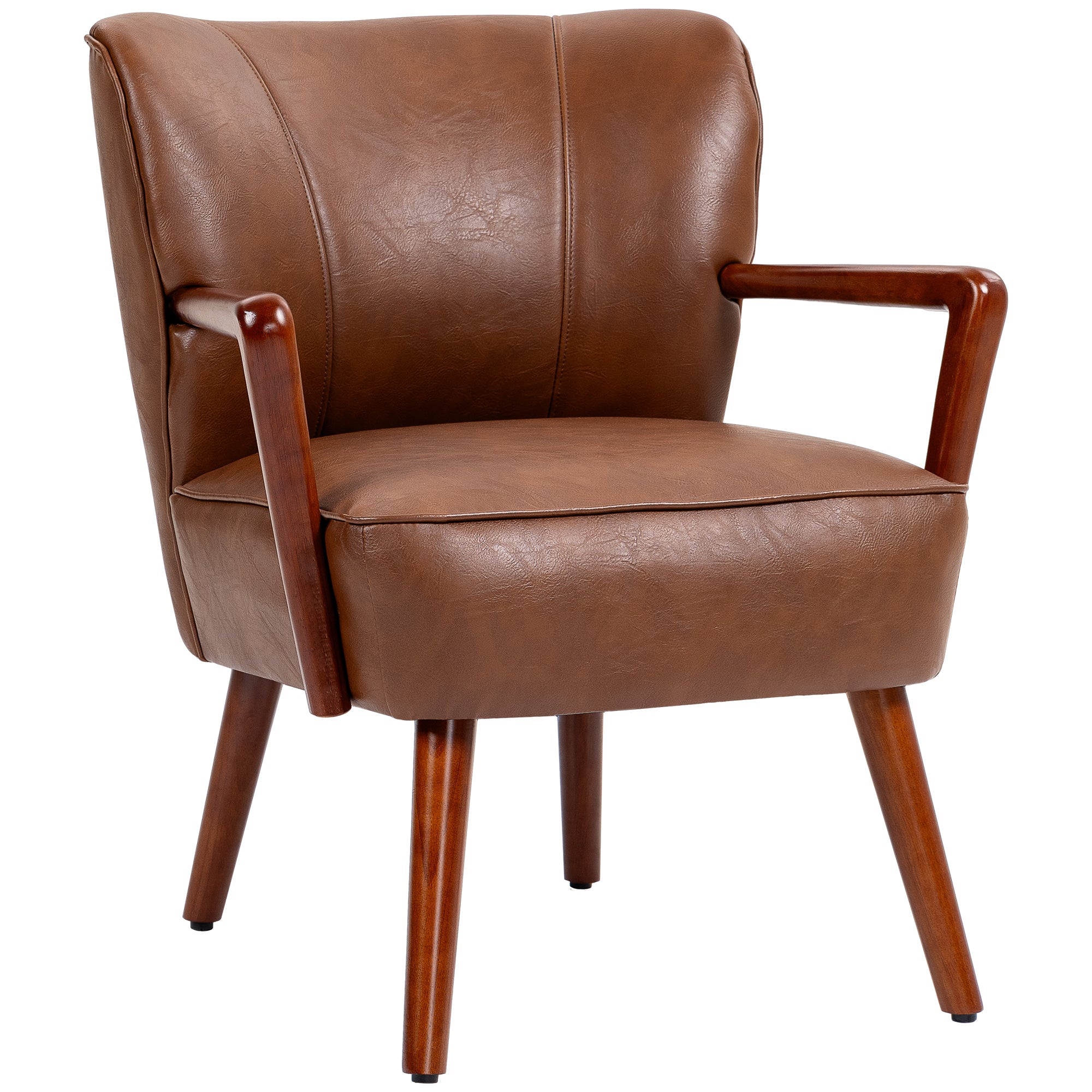 Accent Chair, Modern Armchair, Faux Leather Upholstered Living Room Chair with Wood Legs and Wide Padded Seat, Brown Accent Chairs   at Gallery Canada