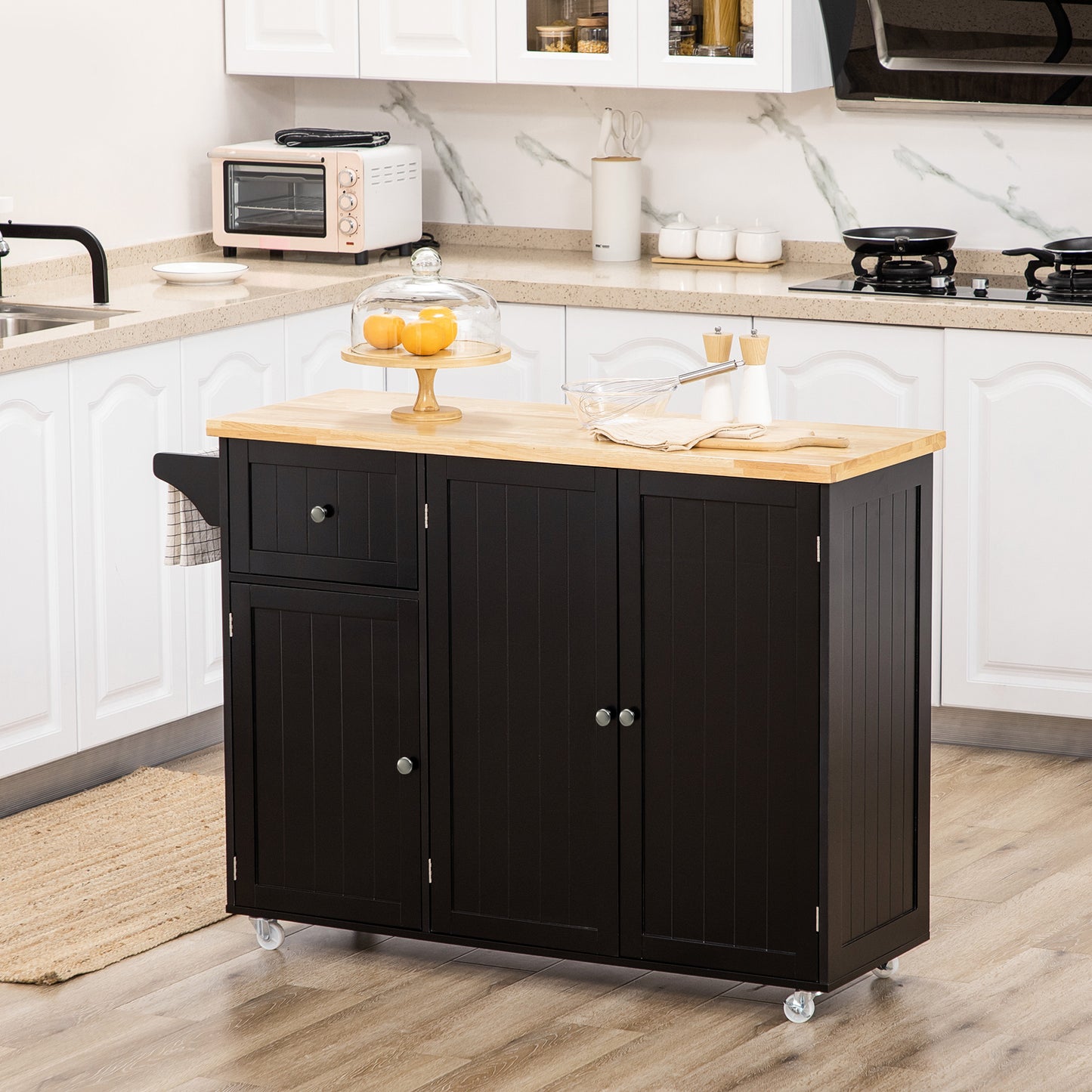 Rolling Kitchen Island with Storage, Utility Kitchen Island Cart with Drawer, Cabinets, Towel Rack and Rubber Wood Top Kitchen Islands & Kitchen Carts Black  at Gallery Canada