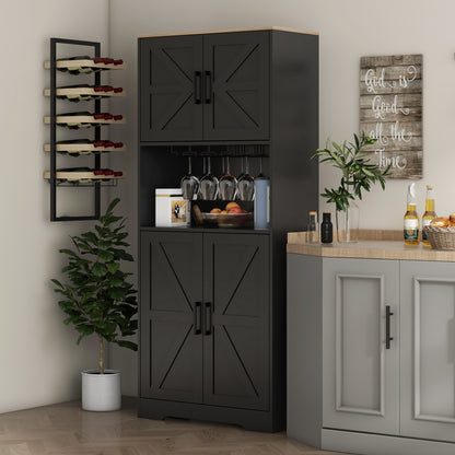 Farmhouse Kitchen Pantry, 68" Freestanding Hutch Storage Cabinet with Microwave Oven Countertop, Black Kitchen Pantry Cabinets Black  at Gallery Canada