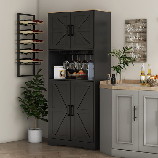 Farmhouse Kitchen Pantry, 68" Freestanding Hutch Storage Cabinet with Microwave Oven Countertop, Black Kitchen Pantry Cabinets   at Gallery Canada